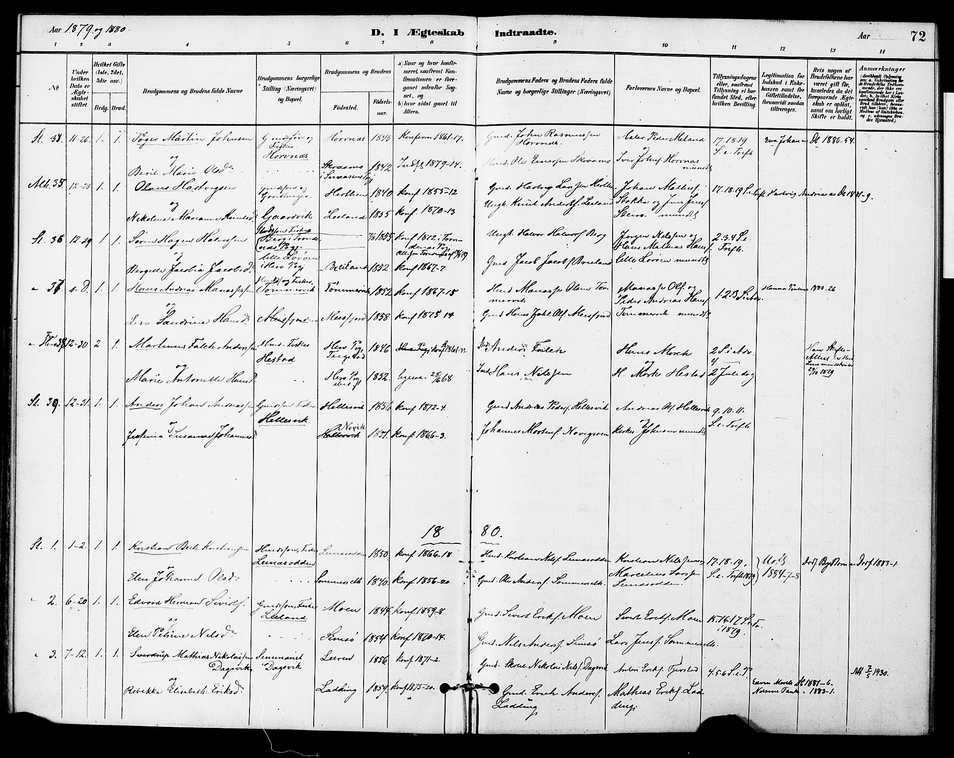 Ministerialprotokoller, klokkerbøker og fødselsregistre - Nordland, AV/SAT-A-1459/830/L0450: Parish register (official) no. 830A14, 1879-1896, p. 72