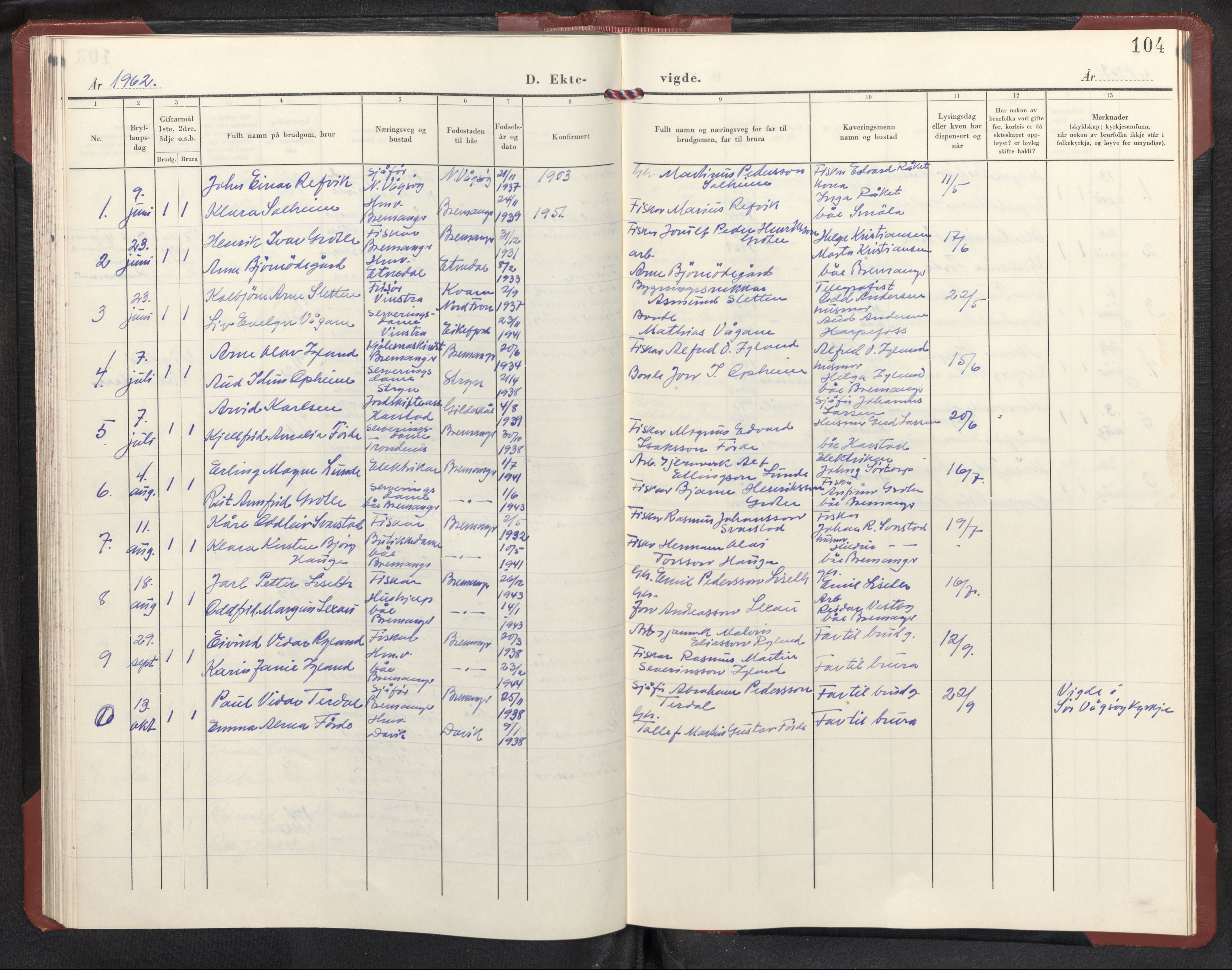 Bremanger sokneprestembete, AV/SAB-A-82201/H/Hab/Habc/L0004: Parish register (copy) no. C 4, 1953-1970, p. 103b-104a