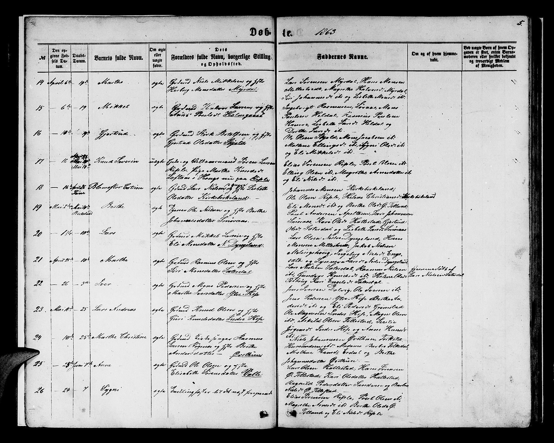Birkeland Sokneprestembete, SAB/A-74601/H/Hab: Parish register (copy) no. A 2, 1863-1876, p. 5