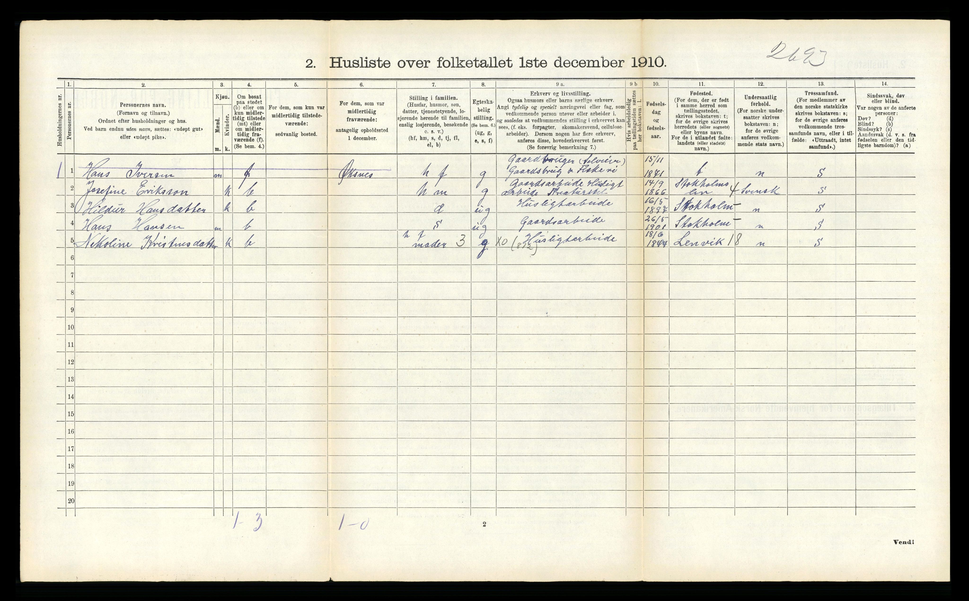 RA, 1910 census for Dverberg, 1910, p. 497