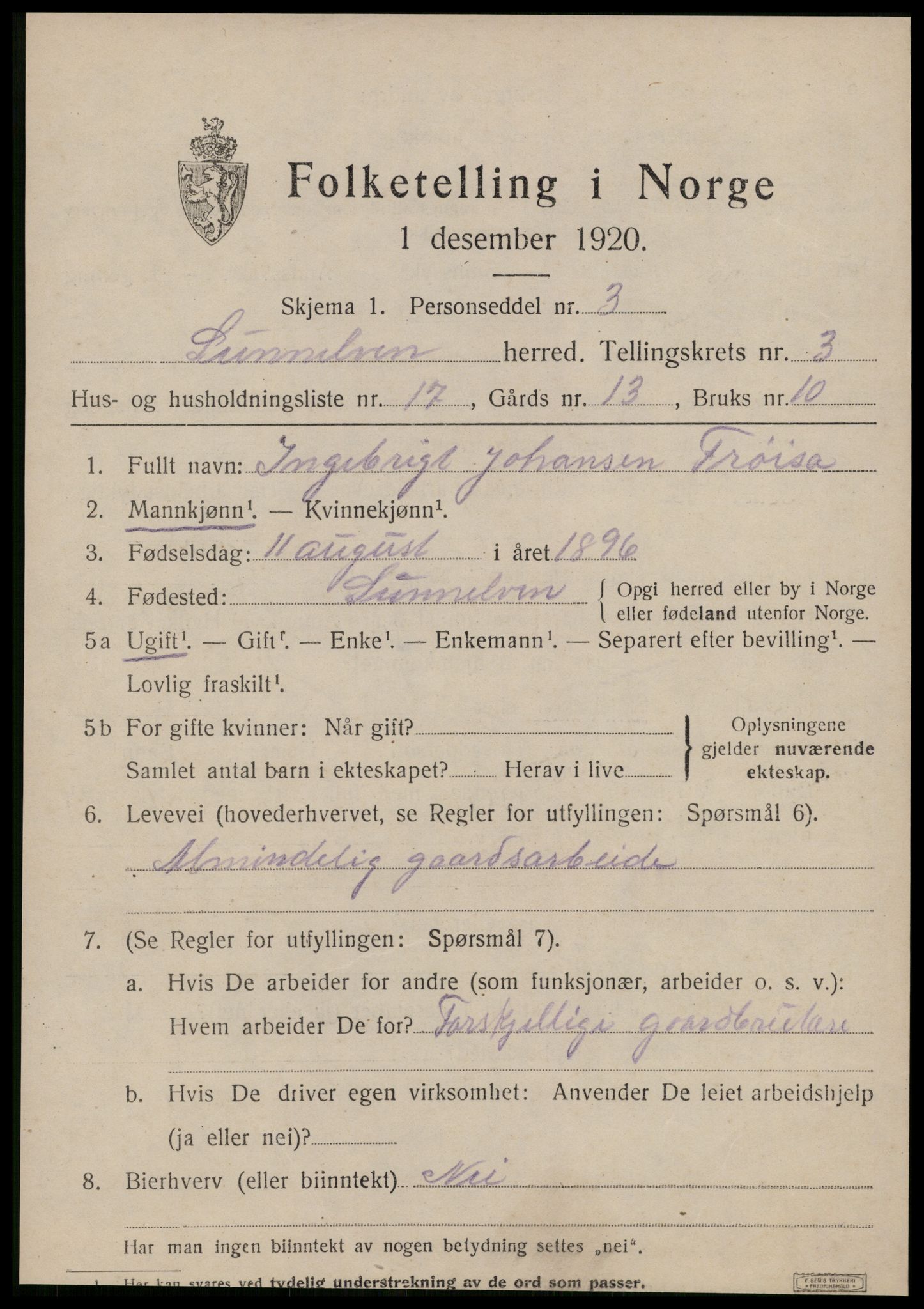 SAT, 1920 census for Sunnylven, 1920, p. 1882