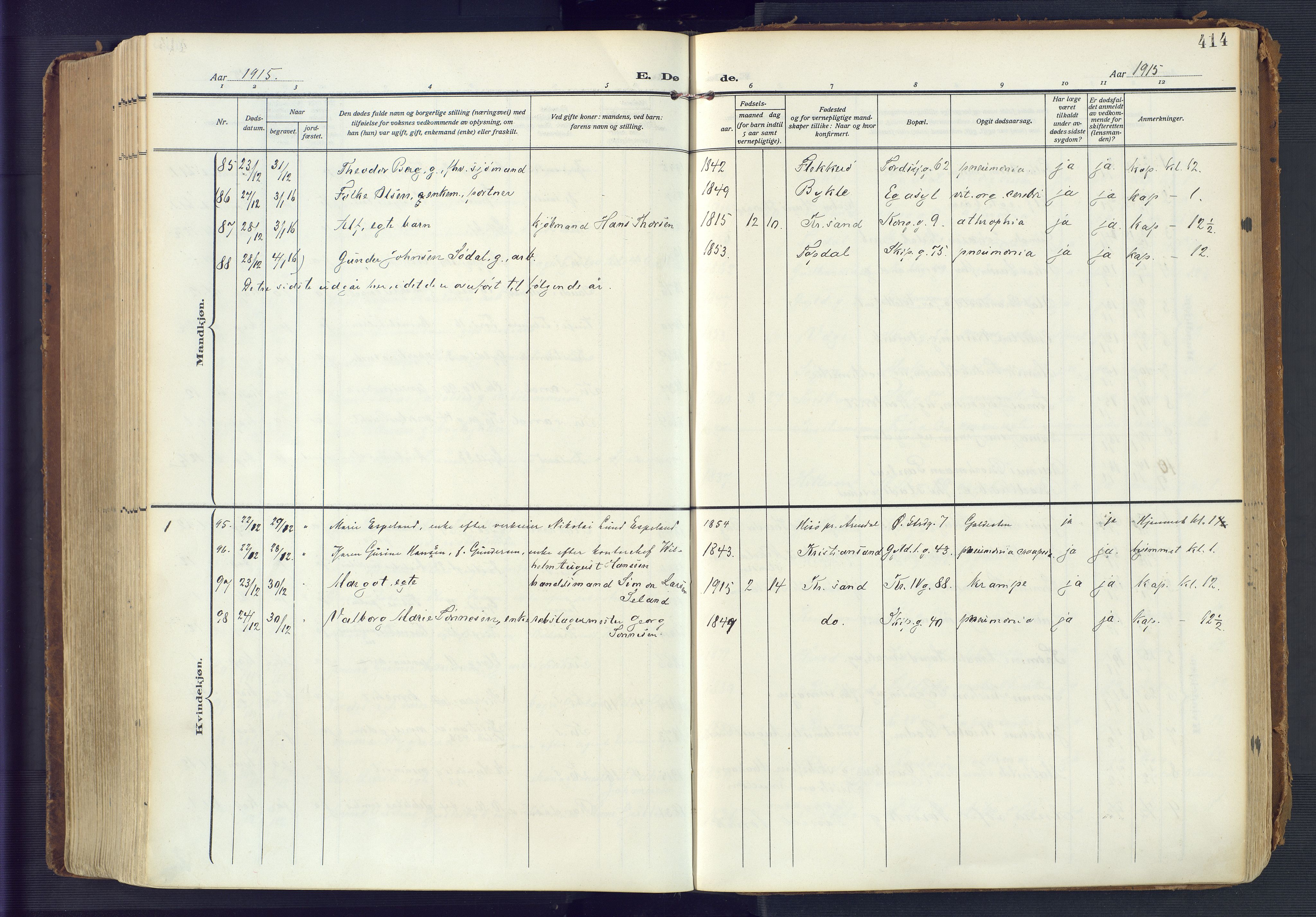 Kristiansand domprosti, AV/SAK-1112-0006/F/Fa/L0023: Parish register (official) no. A 22, 1909-1917, p. 414