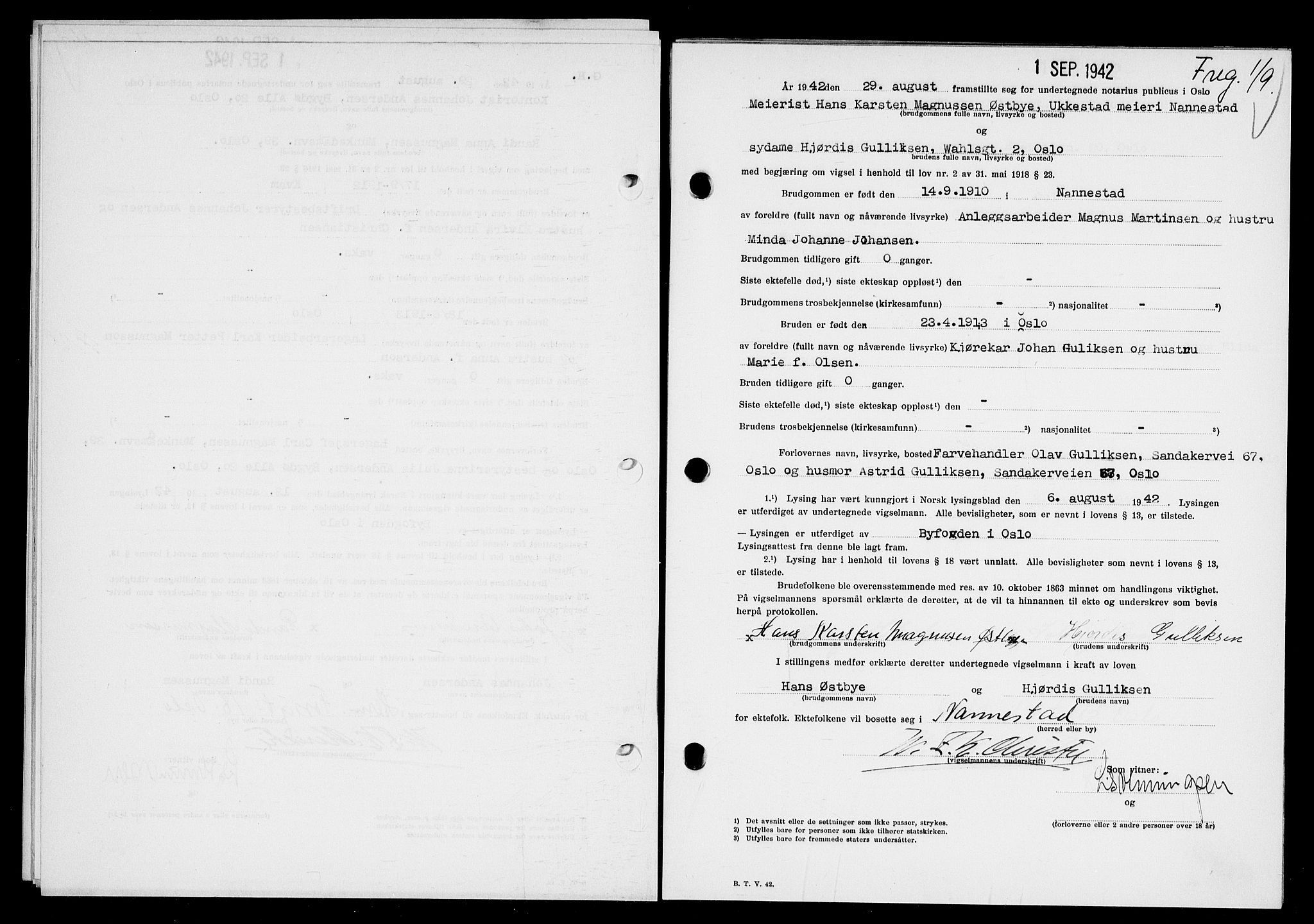 Oslo byfogd avd. I, AV/SAO-A-10220/L/Lb/Lbb/L0041: Notarialprotokoll, rekke II: Vigsler, 1942