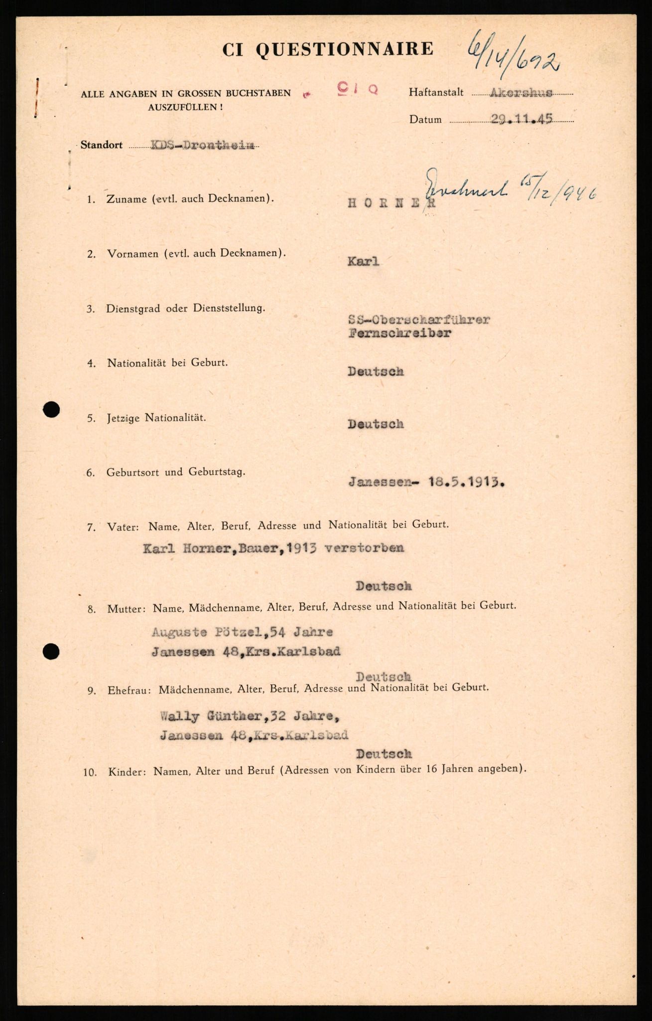 Forsvaret, Forsvarets overkommando II, RA/RAFA-3915/D/Db/L0014: CI Questionaires. Tyske okkupasjonsstyrker i Norge. Tyskere., 1945-1946, p. 39