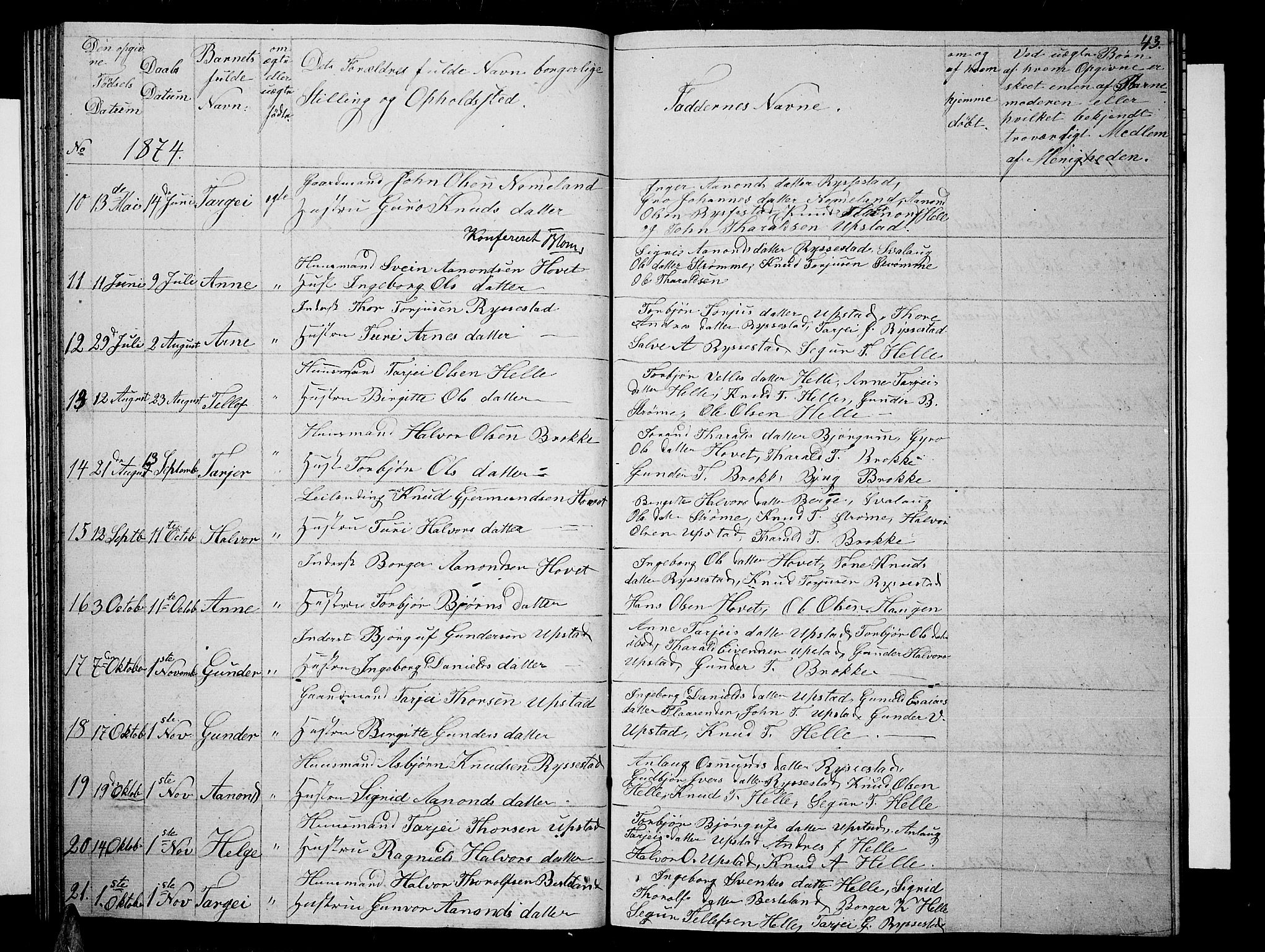 Valle sokneprestkontor, SAK/1111-0044/F/Fb/Fbb/L0001: Parish register (copy) no. B 1, 1848-1875, p. 43