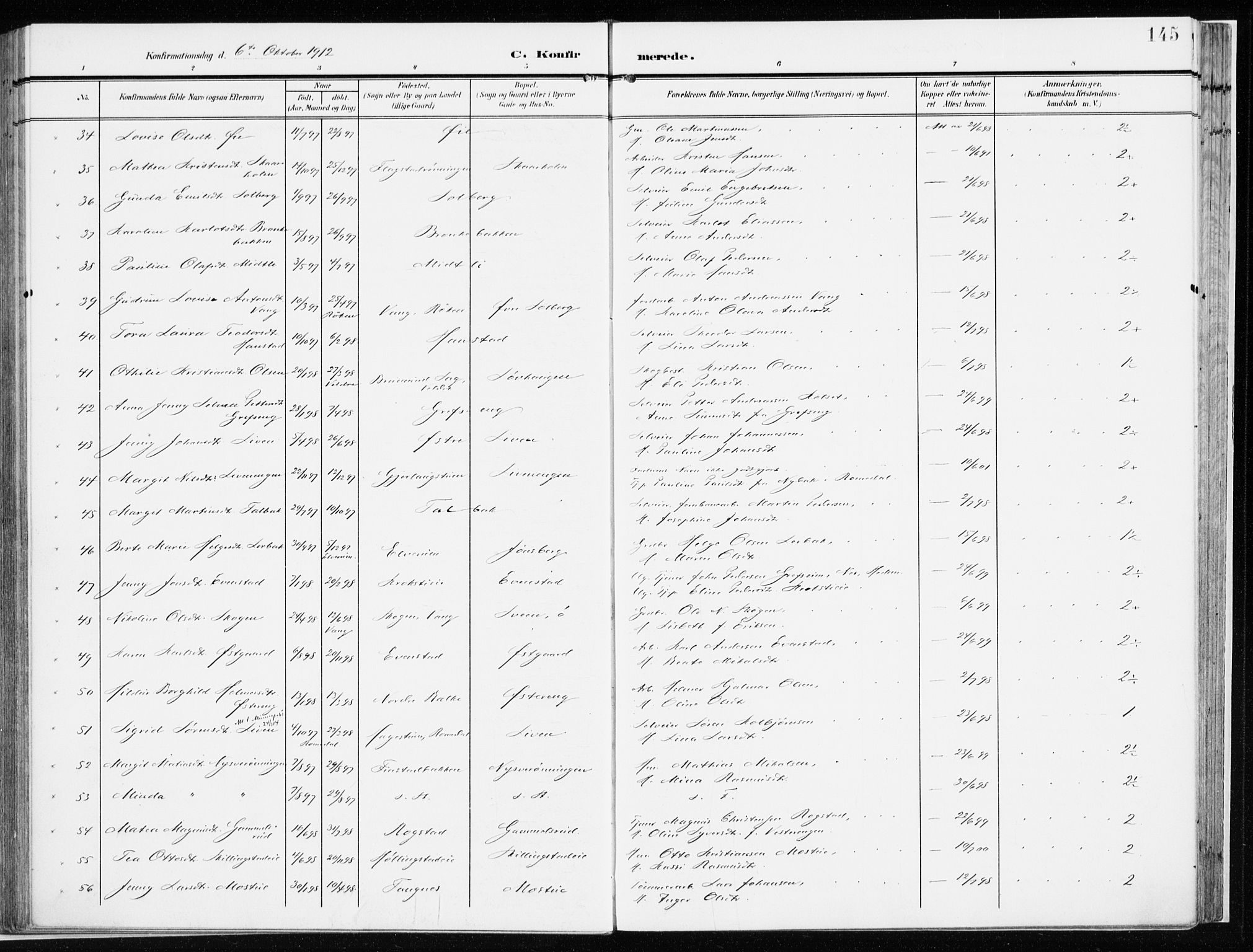 Løten prestekontor, AV/SAH-PREST-022/K/Ka/L0011: Parish register (official) no. 11, 1908-1917, p. 145