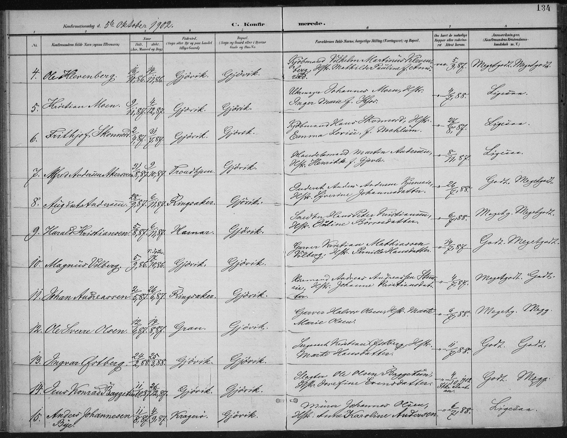 Vardal prestekontor, SAH/PREST-100/H/Ha/Haa/L0013: Parish register (official) no. 13, 1901-1911, p. 134