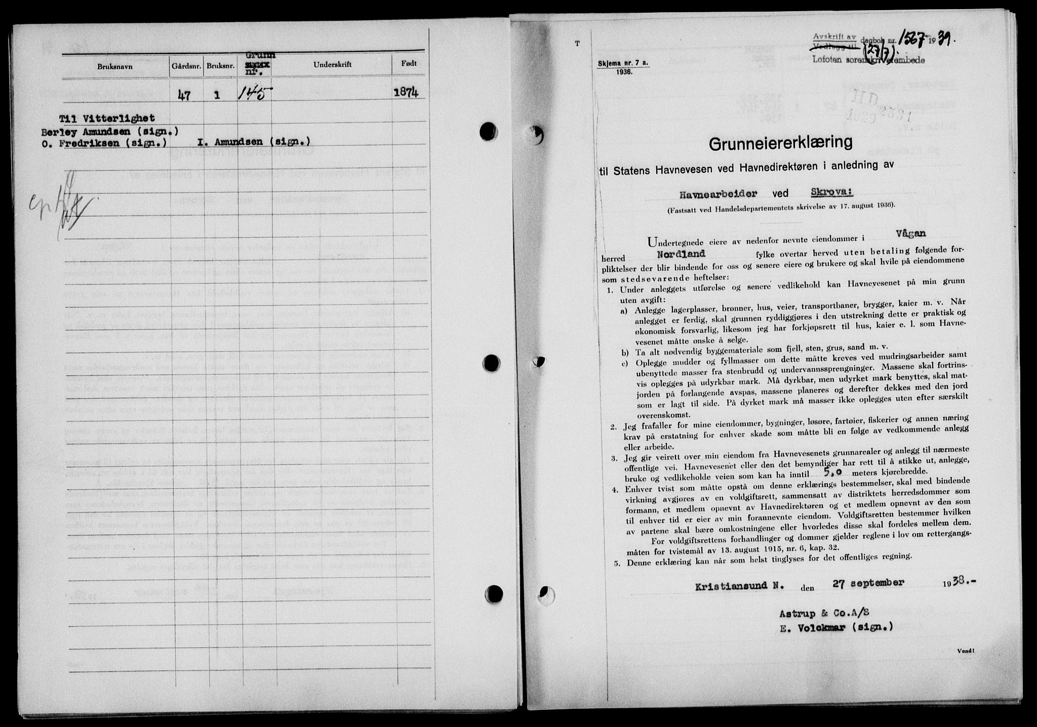Lofoten sorenskriveri, SAT/A-0017/1/2/2C/L0006a: Mortgage book no. 6a, 1939-1939, Diary no: : 1567/1939