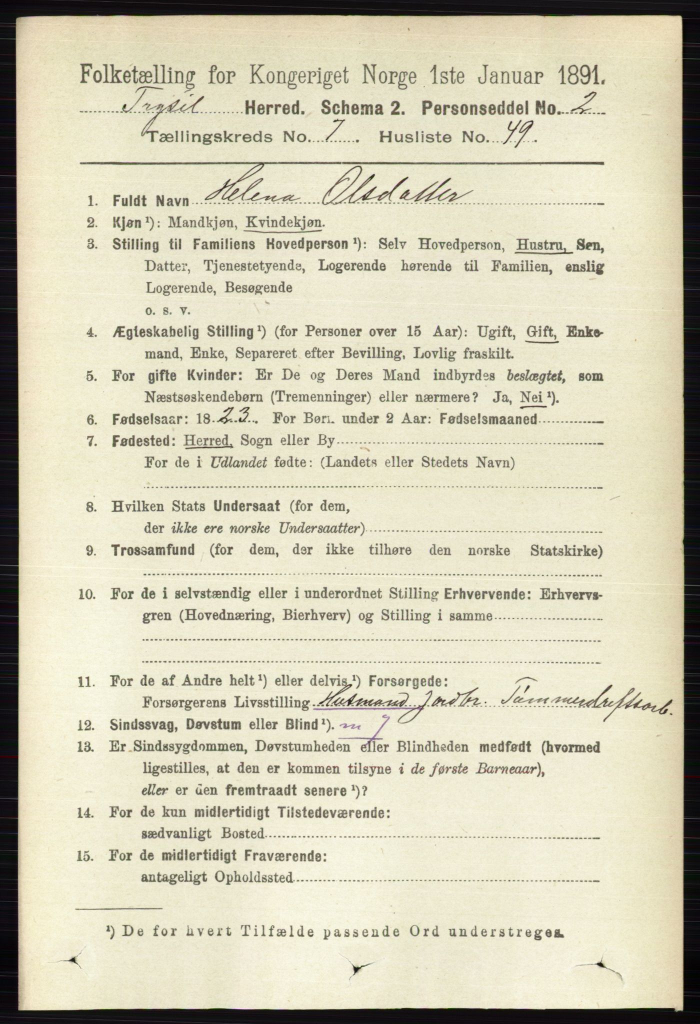 RA, 1891 census for 0428 Trysil, 1891, p. 3454