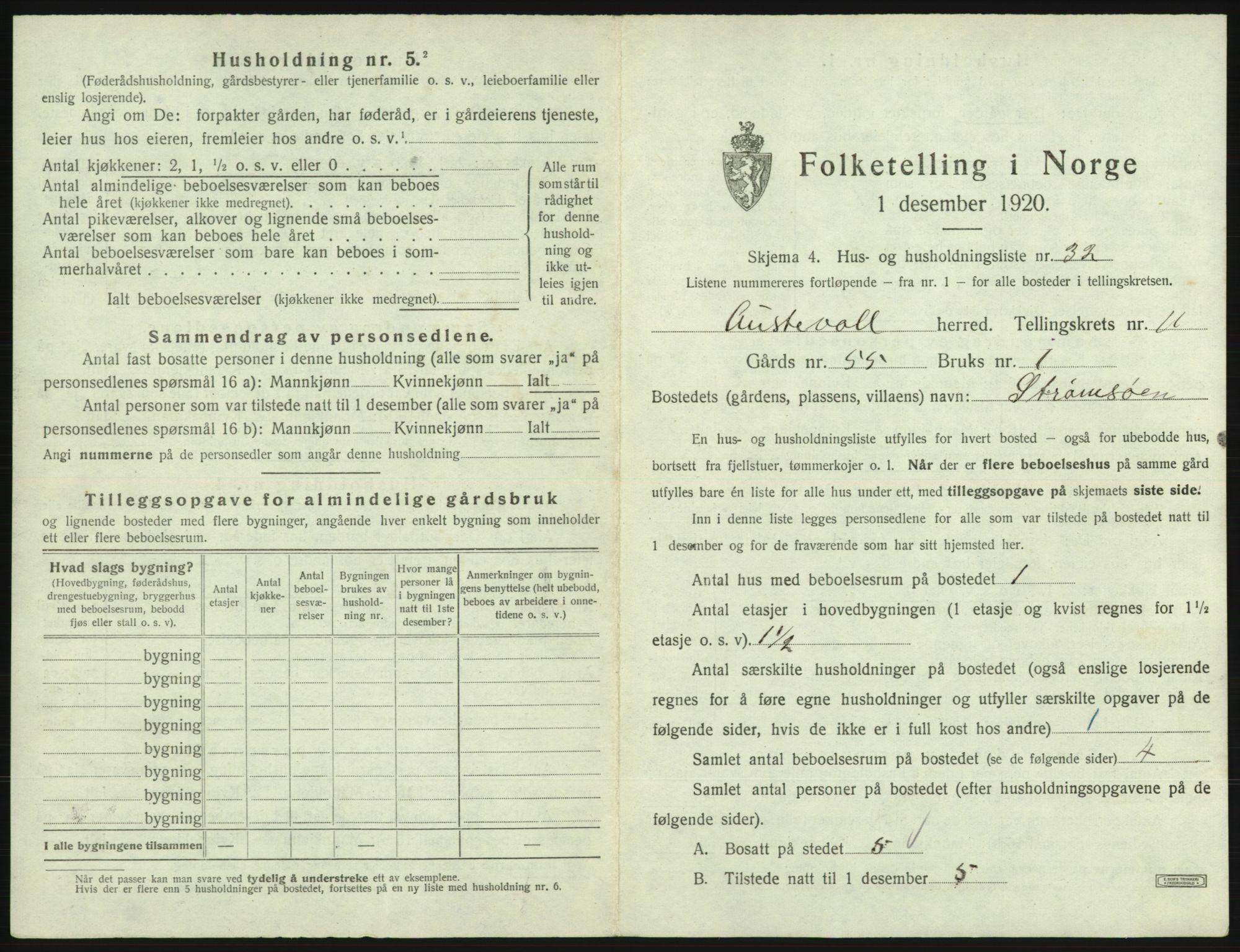 SAB, 1920 census for Austevoll, 1920, p. 875