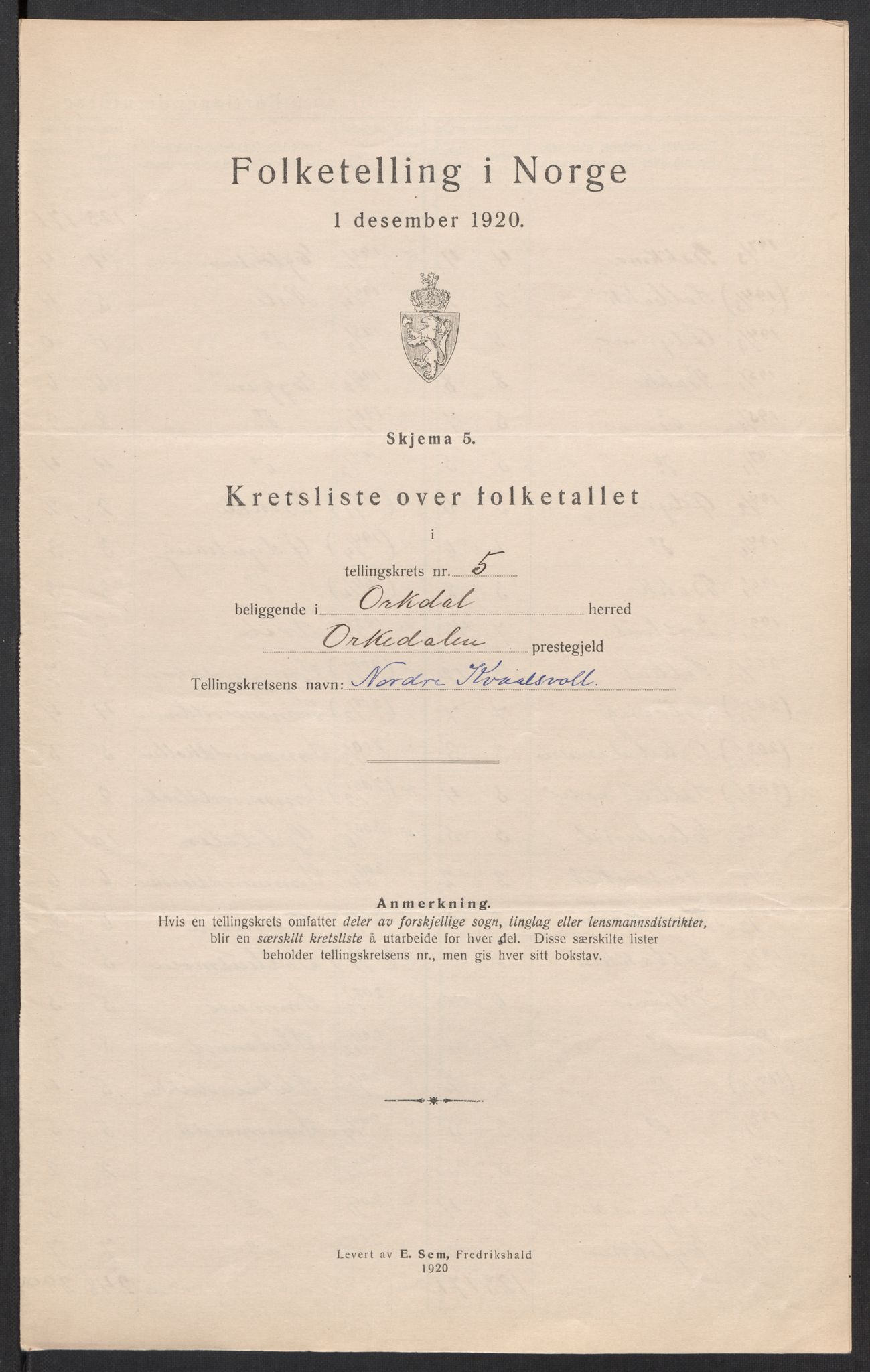 SAT, 1920 census for Orkdal, 1920, p. 20