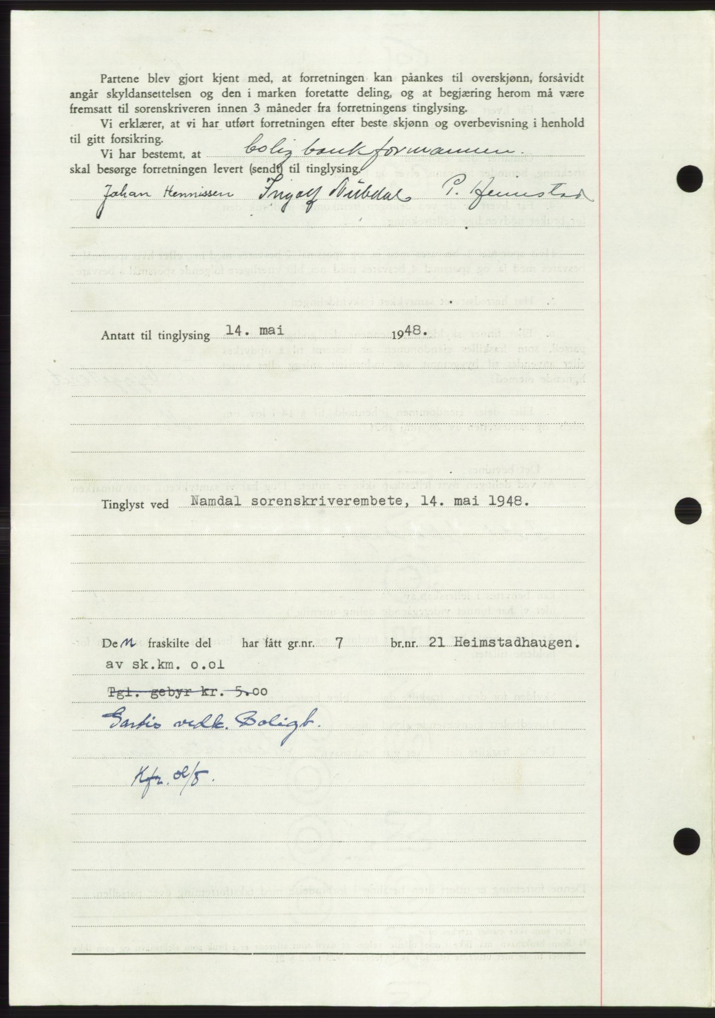 Namdal sorenskriveri, AV/SAT-A-4133/1/2/2C: Mortgage book no. -, 1947-1948, Diary no: : 1023/1948