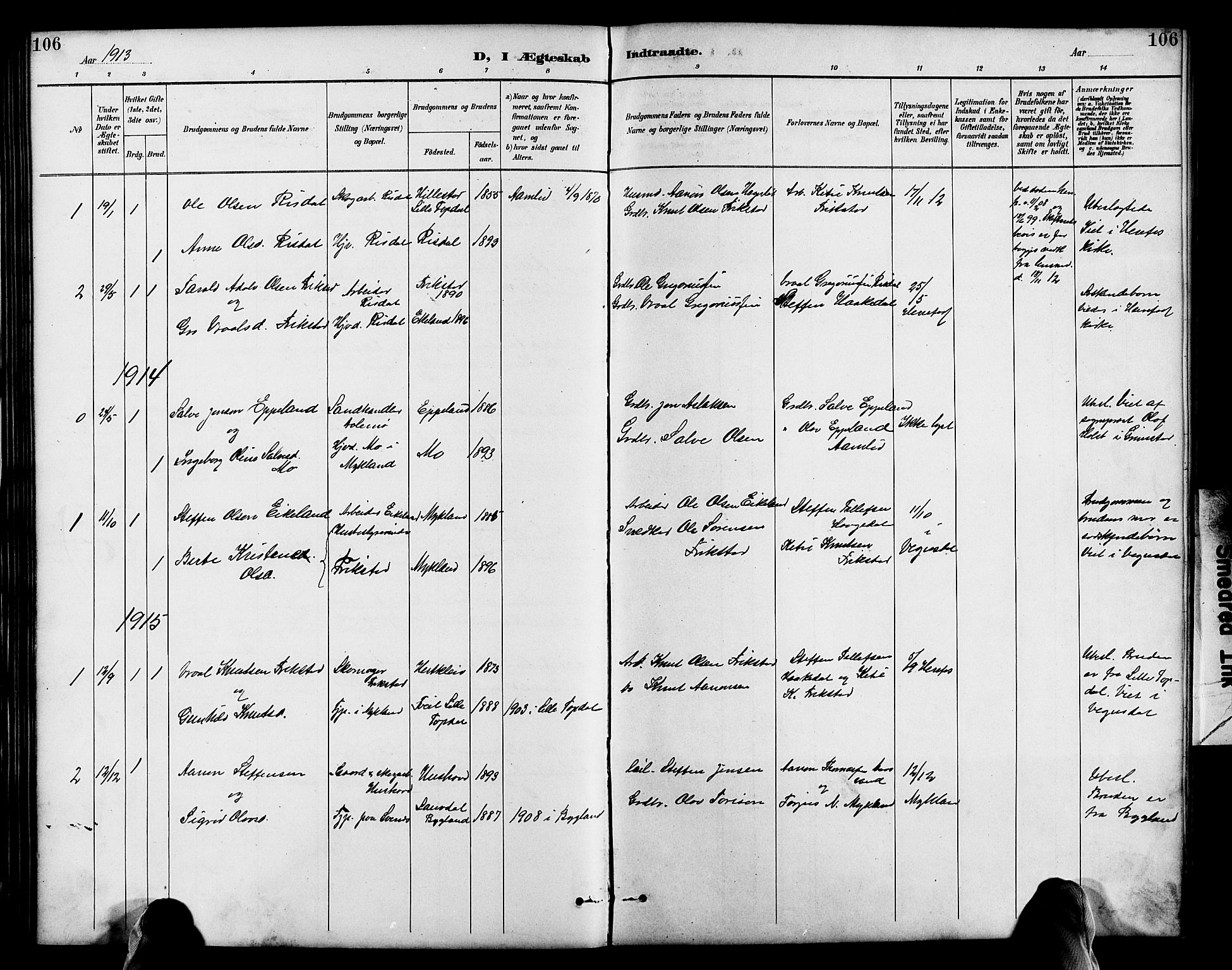 Herefoss sokneprestkontor, AV/SAK-1111-0019/F/Fb/Fbc/L0003: Parish register (copy) no. B 3, 1887-1915, p. 106