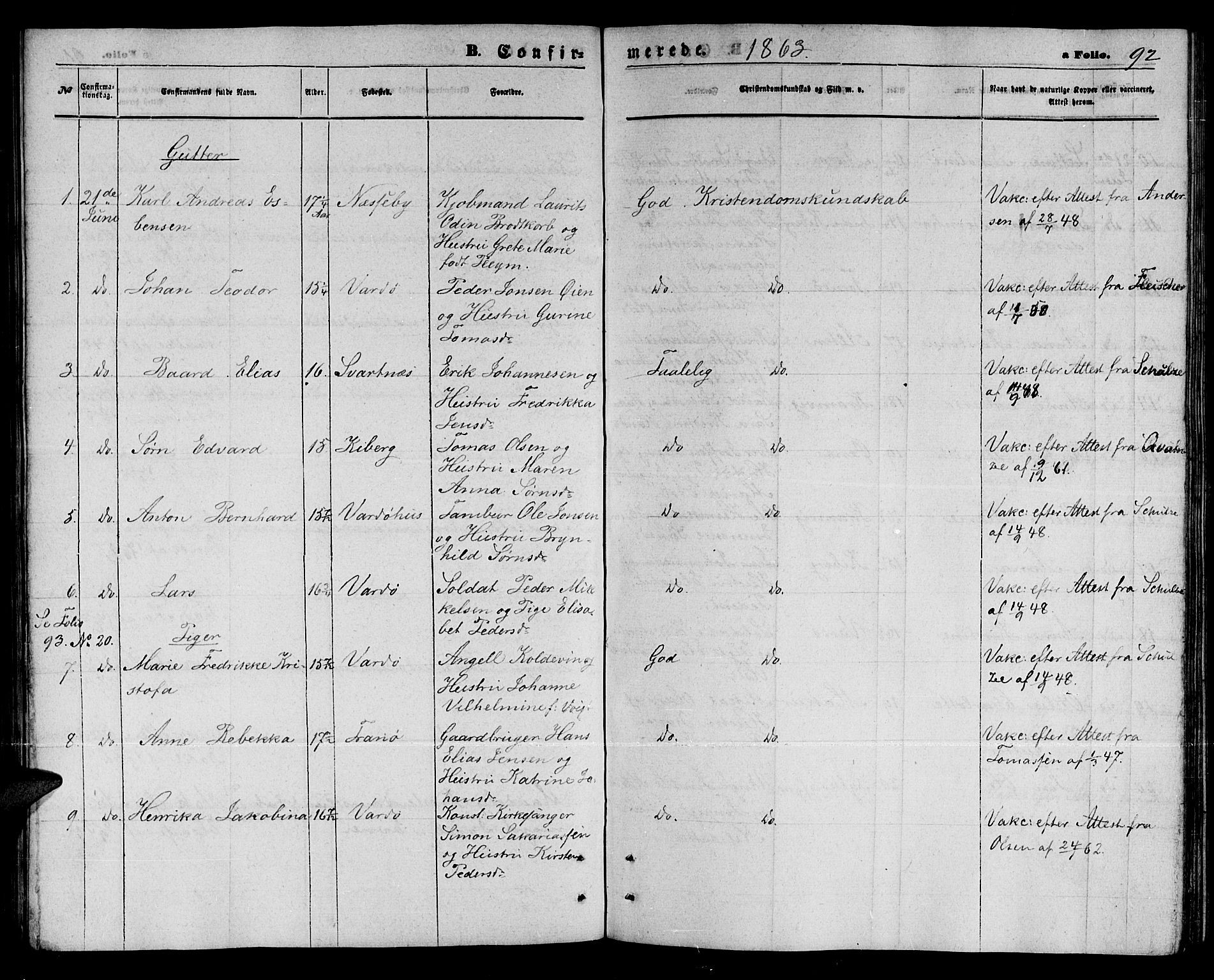 Vardø sokneprestkontor, SATØ/S-1332/H/Hb/L0002klokker: Parish register (copy) no. 2, 1861-1870, p. 92