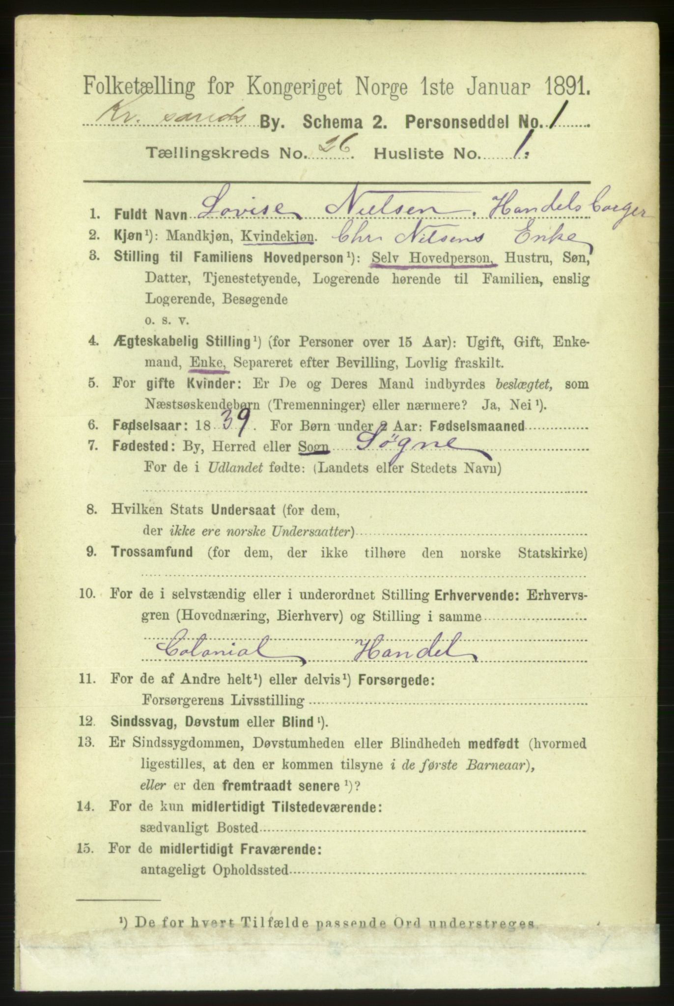 RA, 1891 census for 1001 Kristiansand, 1891, p. 8879