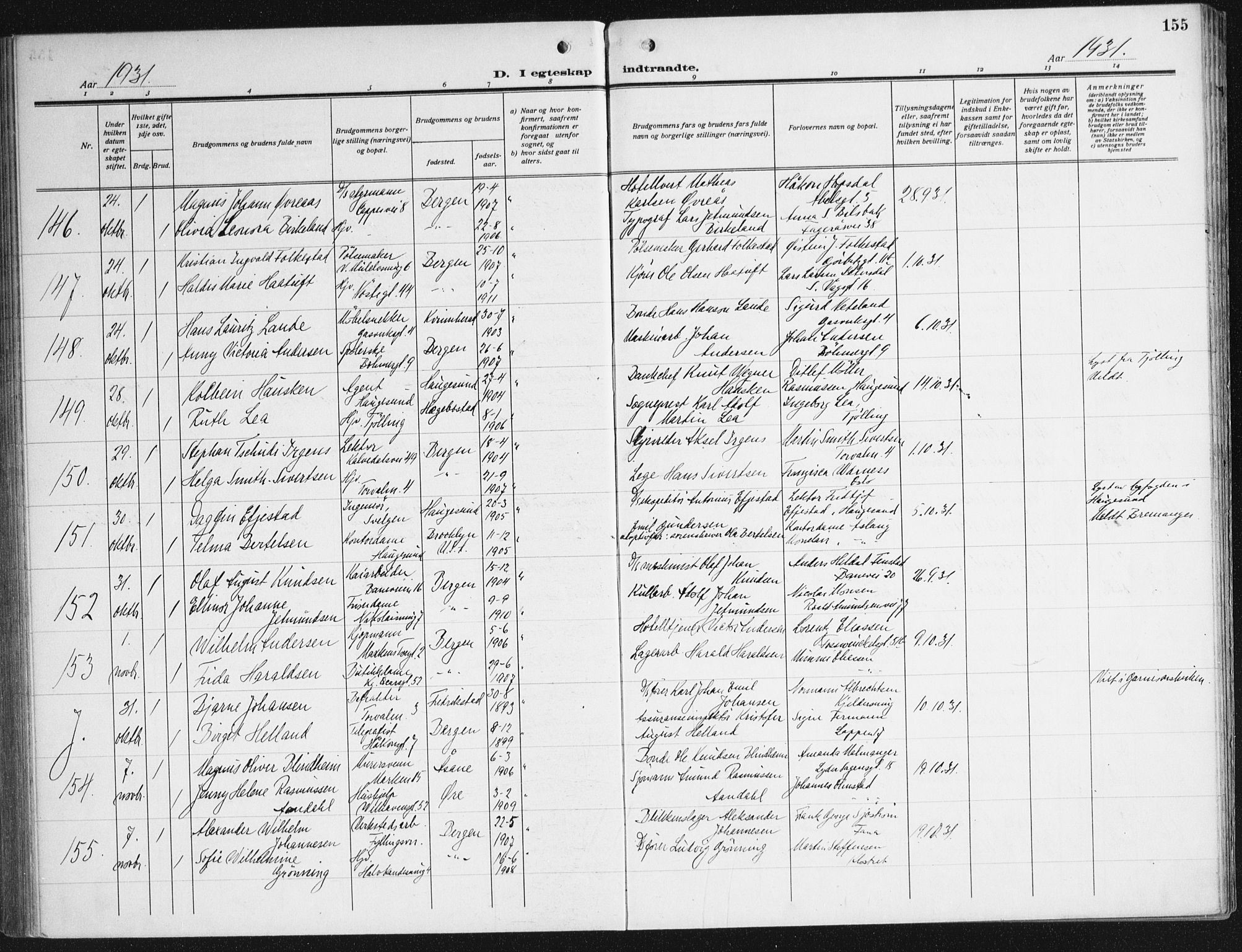 Domkirken sokneprestembete, AV/SAB-A-74801/H/Haa/L0039: Parish register (official) no. D 6, 1921-1937, p. 155