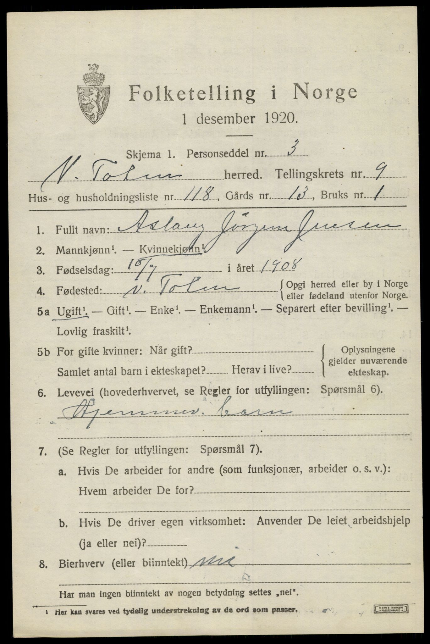 SAH, 1920 census for Vestre Toten, 1920, p. 13090