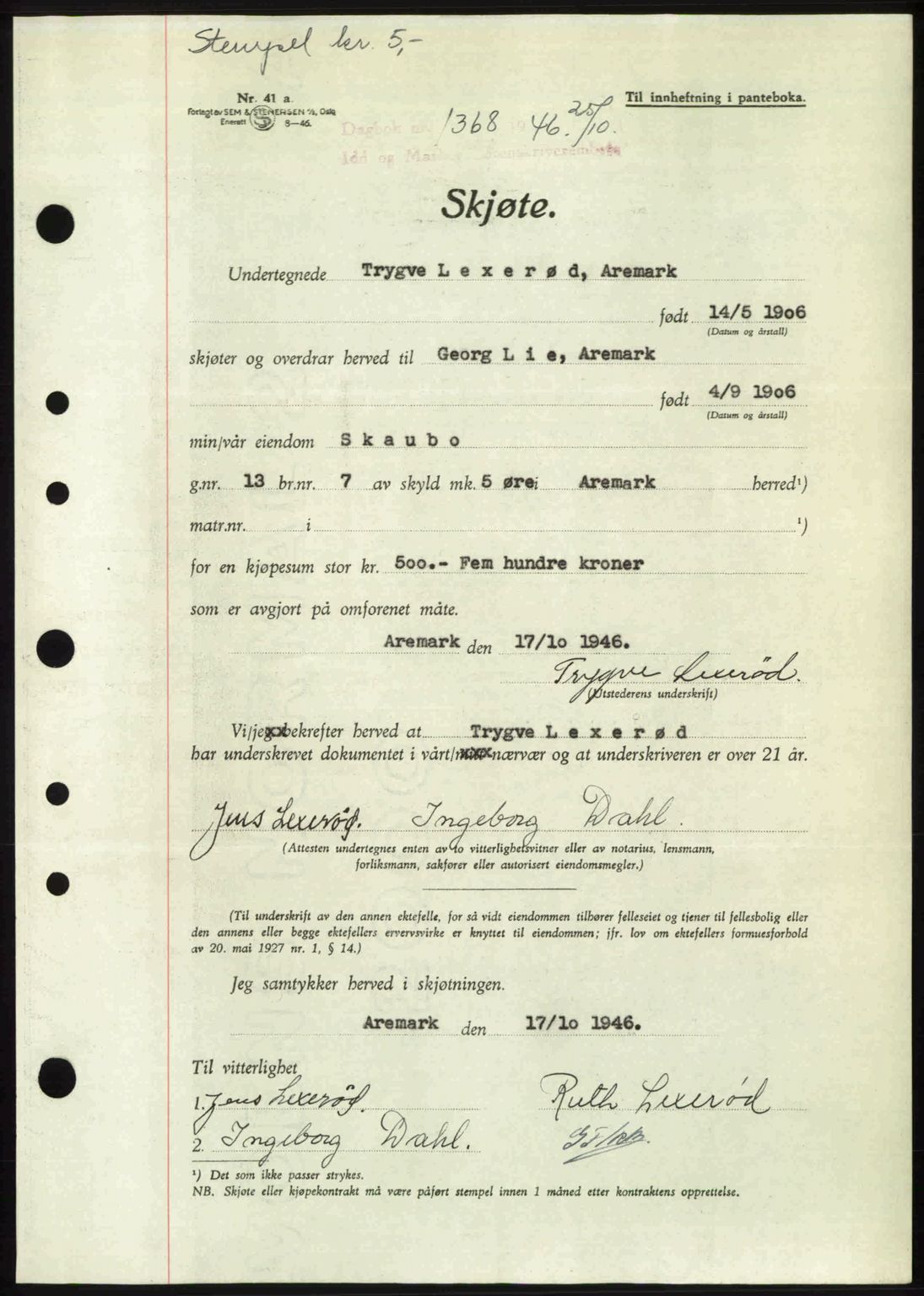 Idd og Marker sorenskriveri, AV/SAO-A-10283/G/Gb/Gbb/L0008: Mortgage book no. A8, 1946-1946, Diary no: : 1368/1946