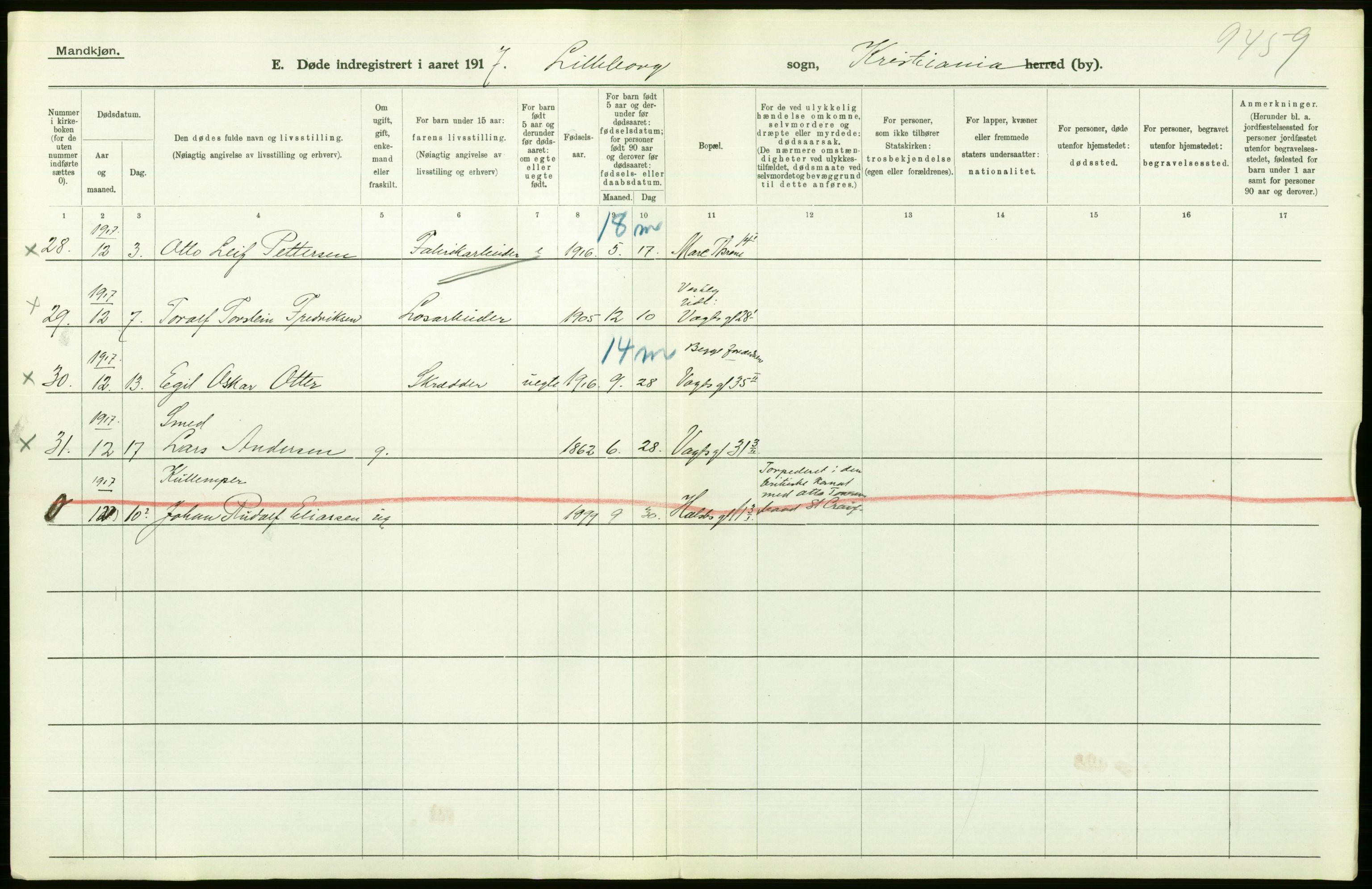 Statistisk sentralbyrå, Sosiodemografiske emner, Befolkning, AV/RA-S-2228/D/Df/Dfb/Dfbg/L0010: Kristiania: Døde, 1917, p. 622