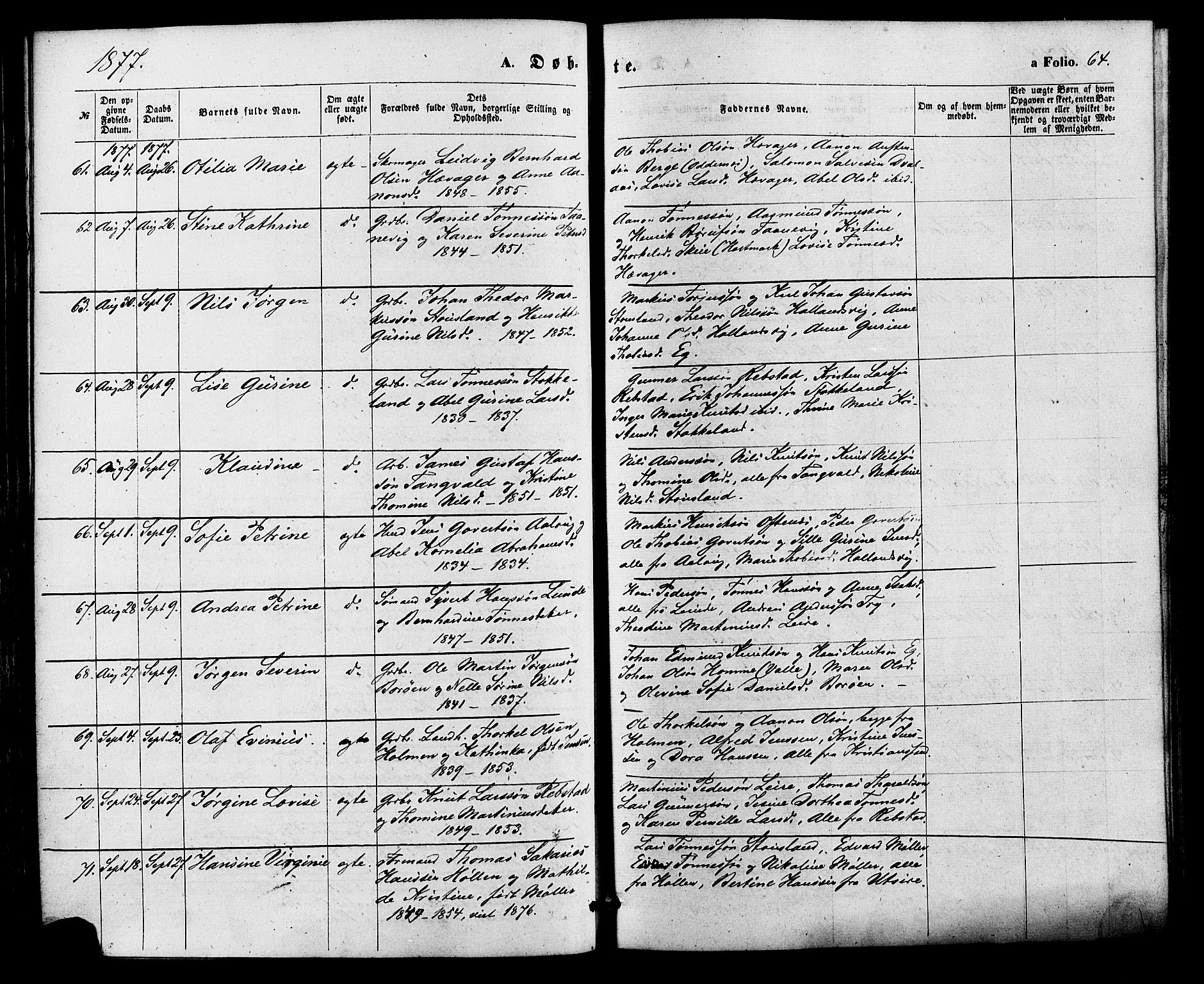 Søgne sokneprestkontor, SAK/1111-0037/F/Fa/Fab/L0011: Parish register (official) no. A 11, 1869-1879, p. 64