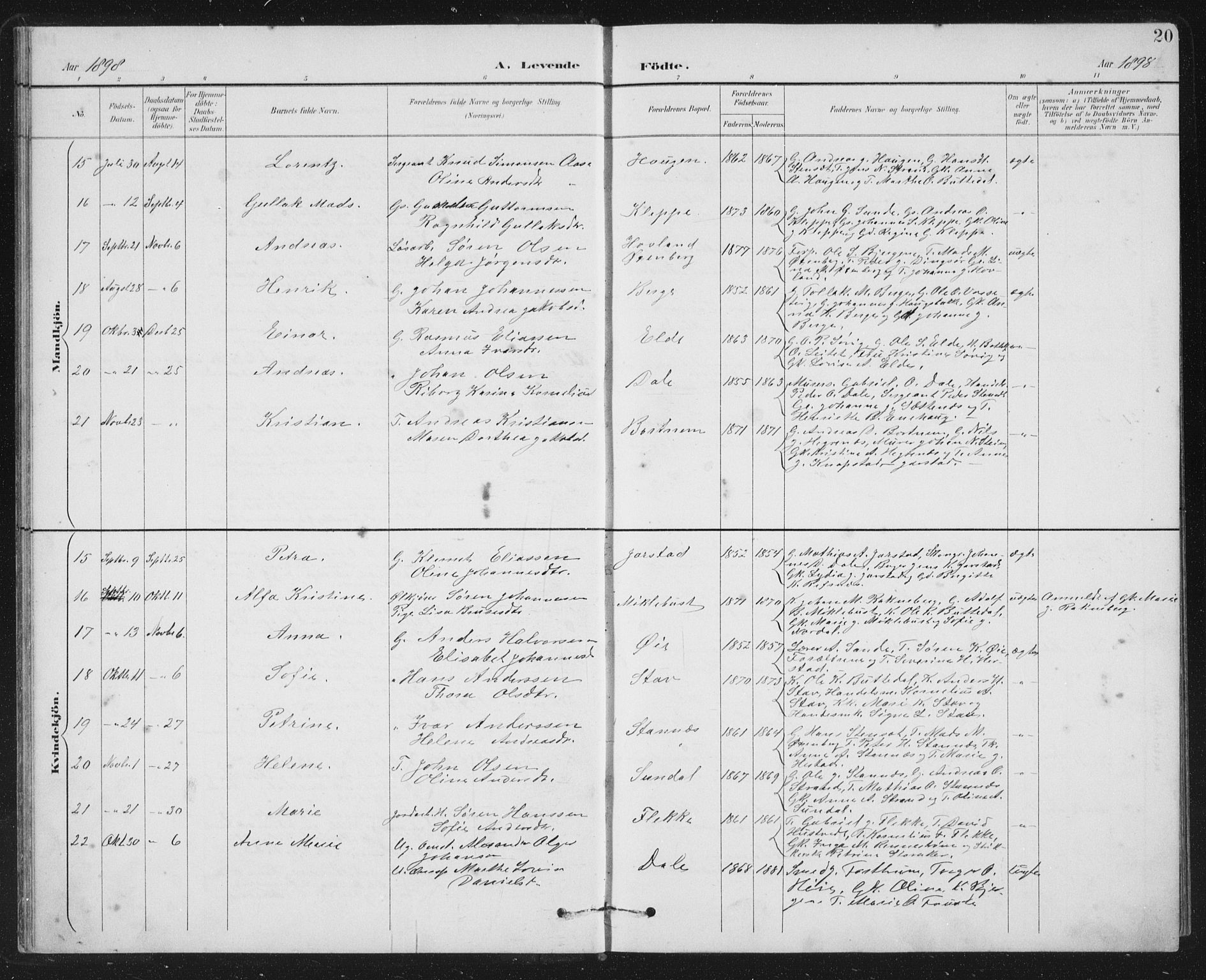 Fjaler sokneprestembete, AV/SAB-A-79801/H/Hab/Habc/L0003: Parish register (copy) no. C 3, 1894-1917, p. 20