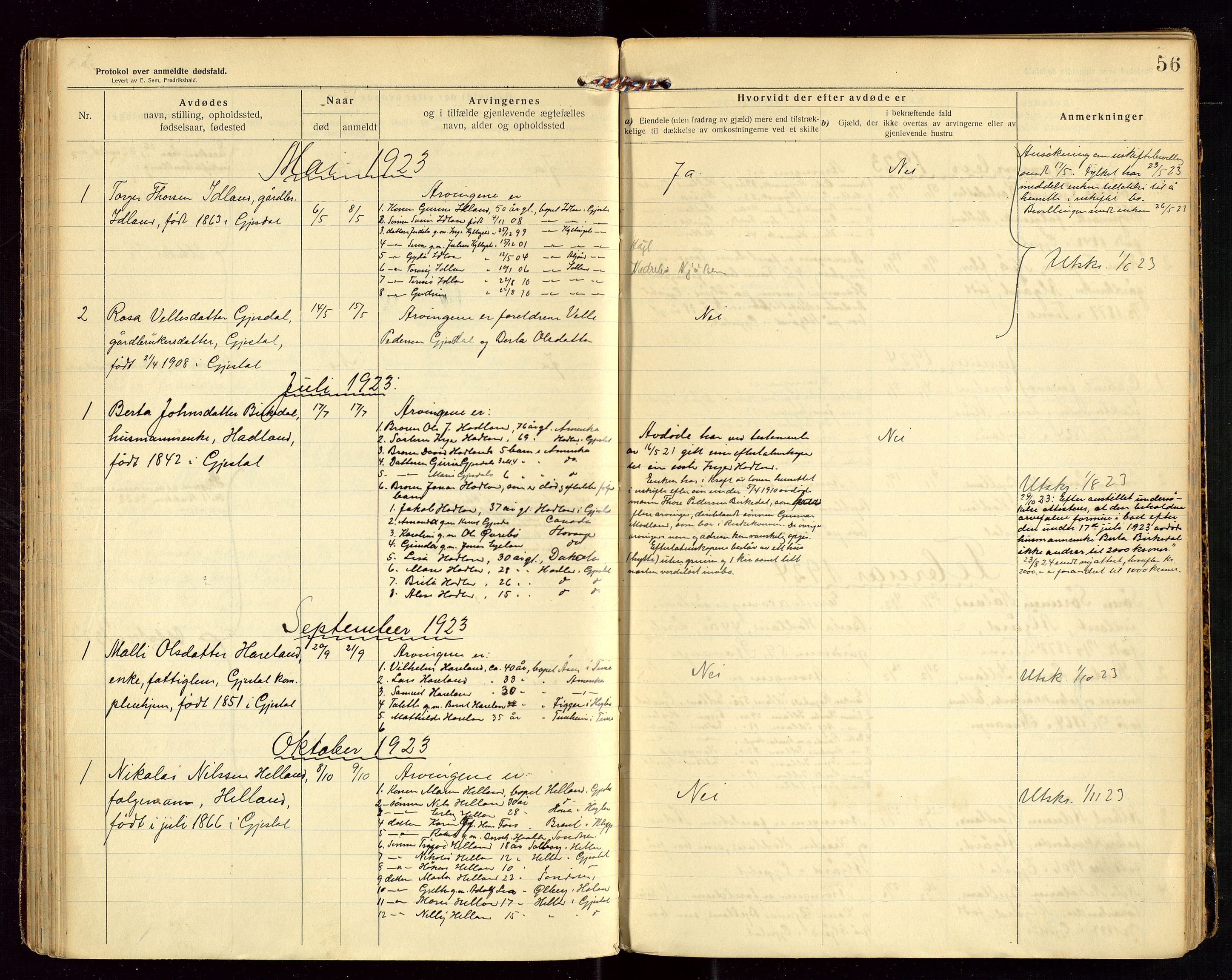 Gjesdal lensmannskontor, SAST/A-100441/Gga/L0002: Dødsfallprotokoll, 1911-1933, p. 56