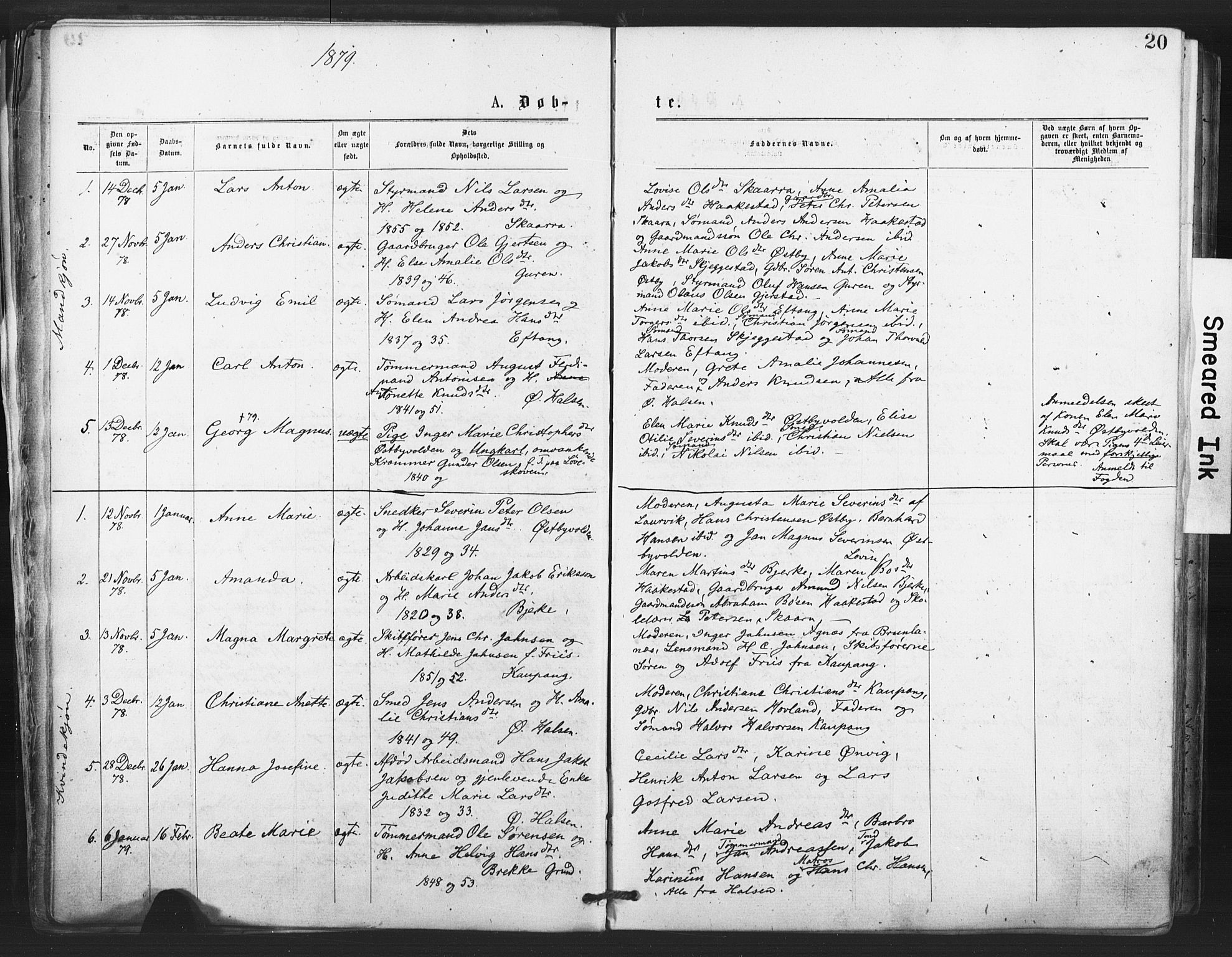 Tjølling kirkebøker, SAKO/A-60/F/Fa/L0008: Parish register (official) no. 8, 1877-1886, p. 20