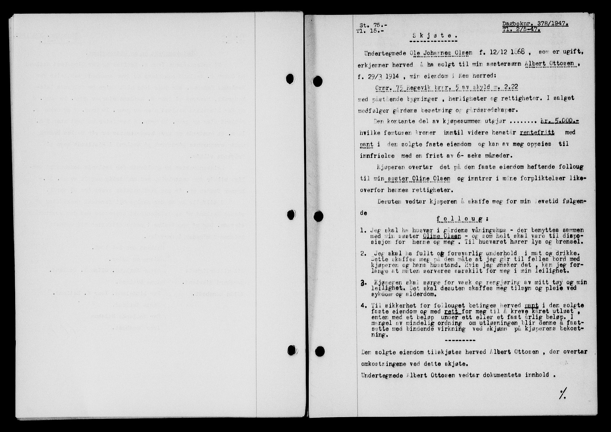 Flekkefjord sorenskriveri, SAK/1221-0001/G/Gb/Gba/L0062: Mortgage book no. A-10, 1947-1947, Diary no: : 378/1947