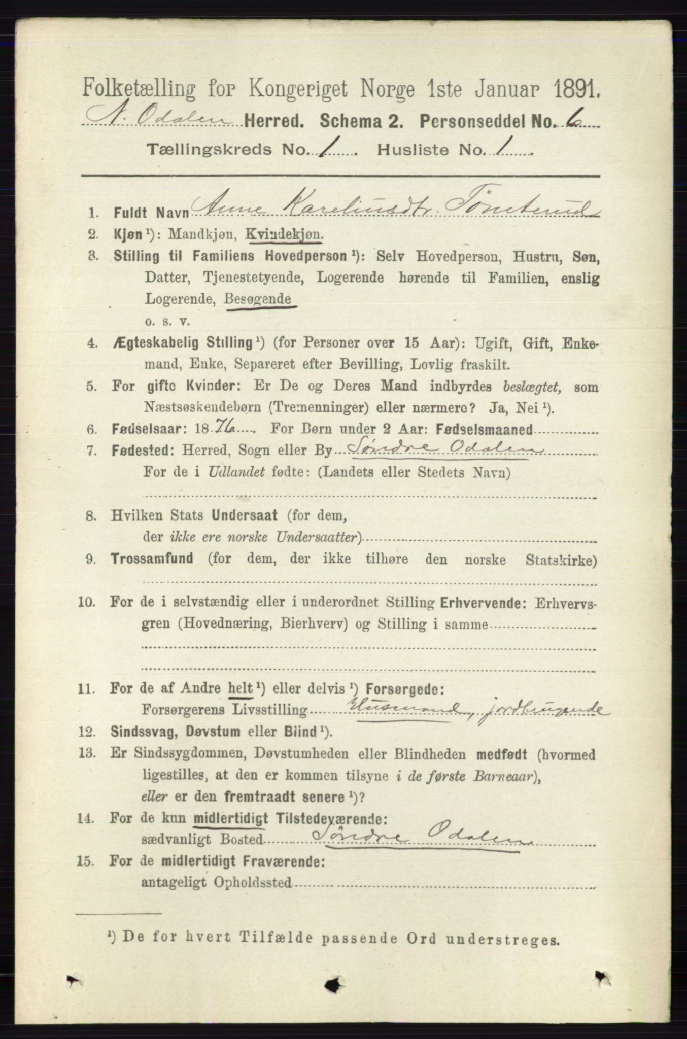 RA, 1891 census for 0418 Nord-Odal, 1891, p. 91