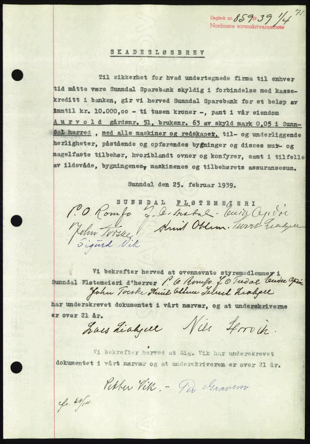 Nordmøre sorenskriveri, AV/SAT-A-4132/1/2/2Ca: Mortgage book no. B85, 1939-1939, Diary no: : 859/1939