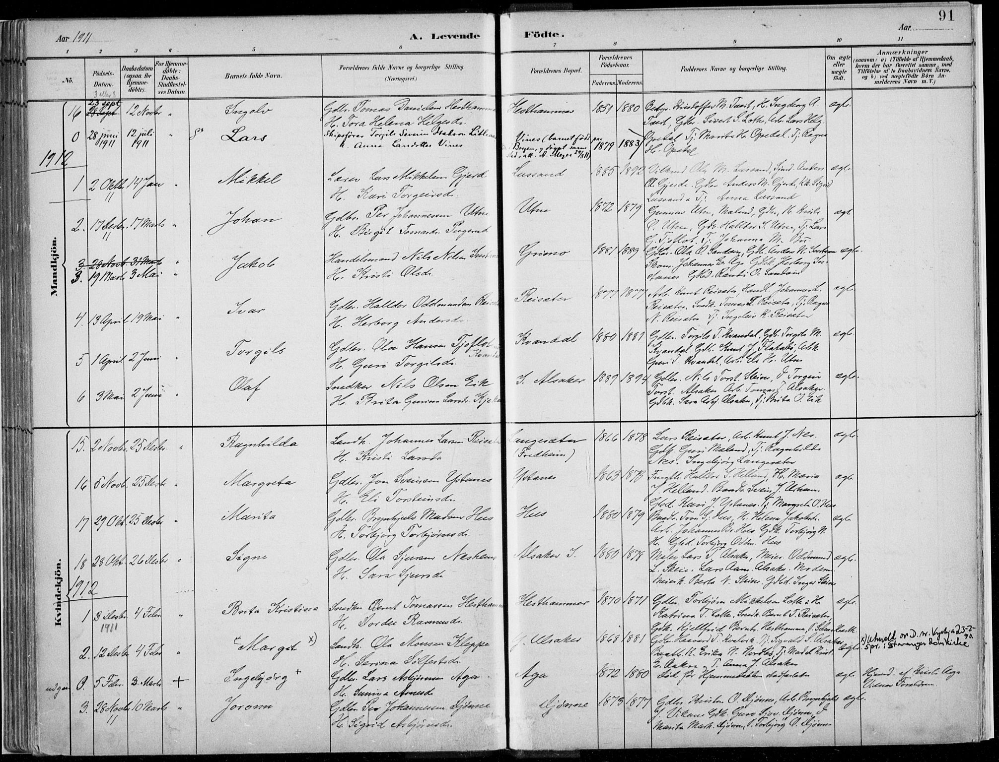 Ullensvang sokneprestembete, SAB/A-78701/H/Haa: Parish register (official) no. E  1, 1882-1921, p. 91