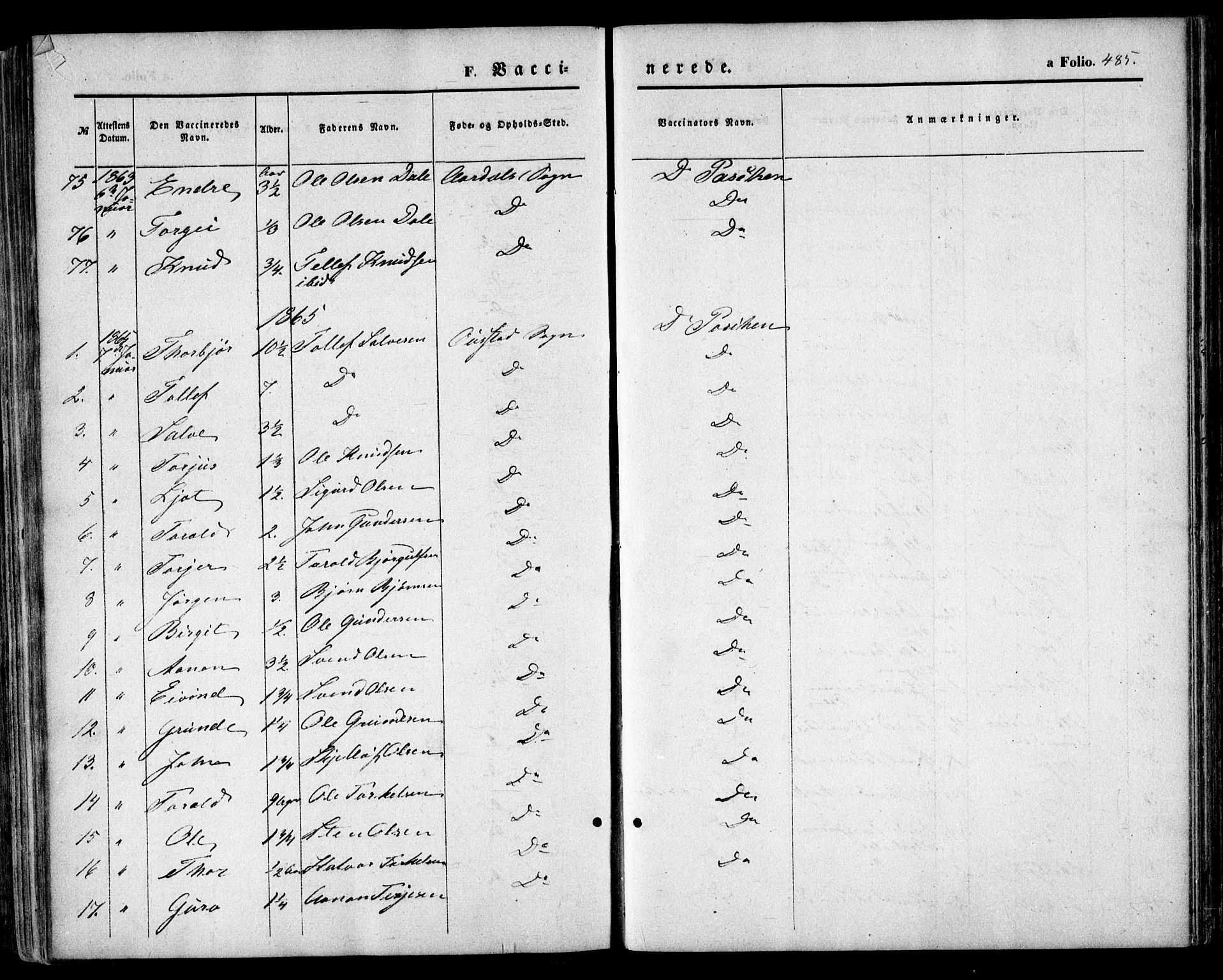 Bygland sokneprestkontor, SAK/1111-0006/F/Fa/Fab/L0005: Parish register (official) no. A 5, 1859-1873, p. 485