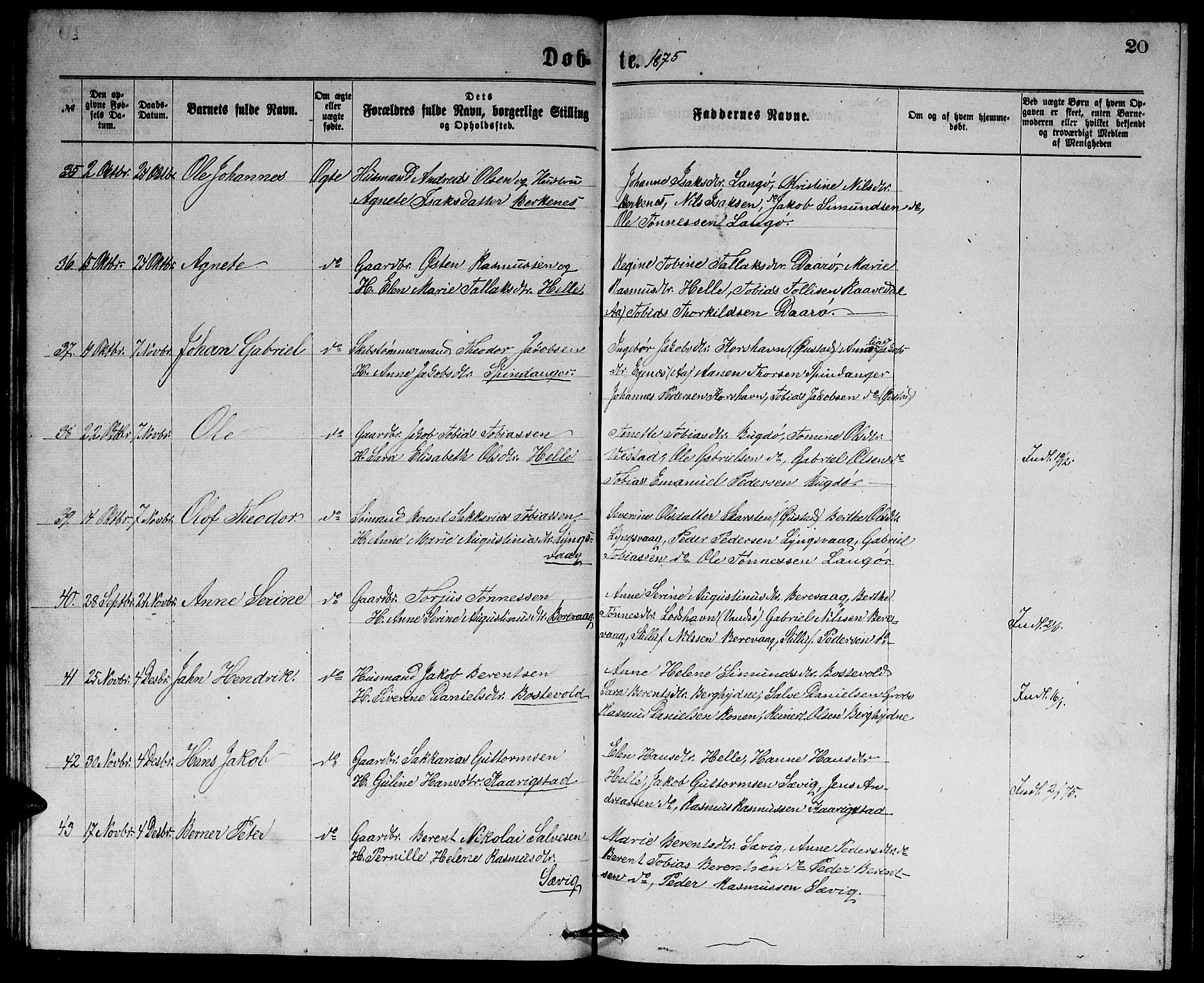 Herad sokneprestkontor, AV/SAK-1111-0018/F/Fb/Fbb/L0003: Parish register (copy) no. B 3, 1872-1889, p. 20