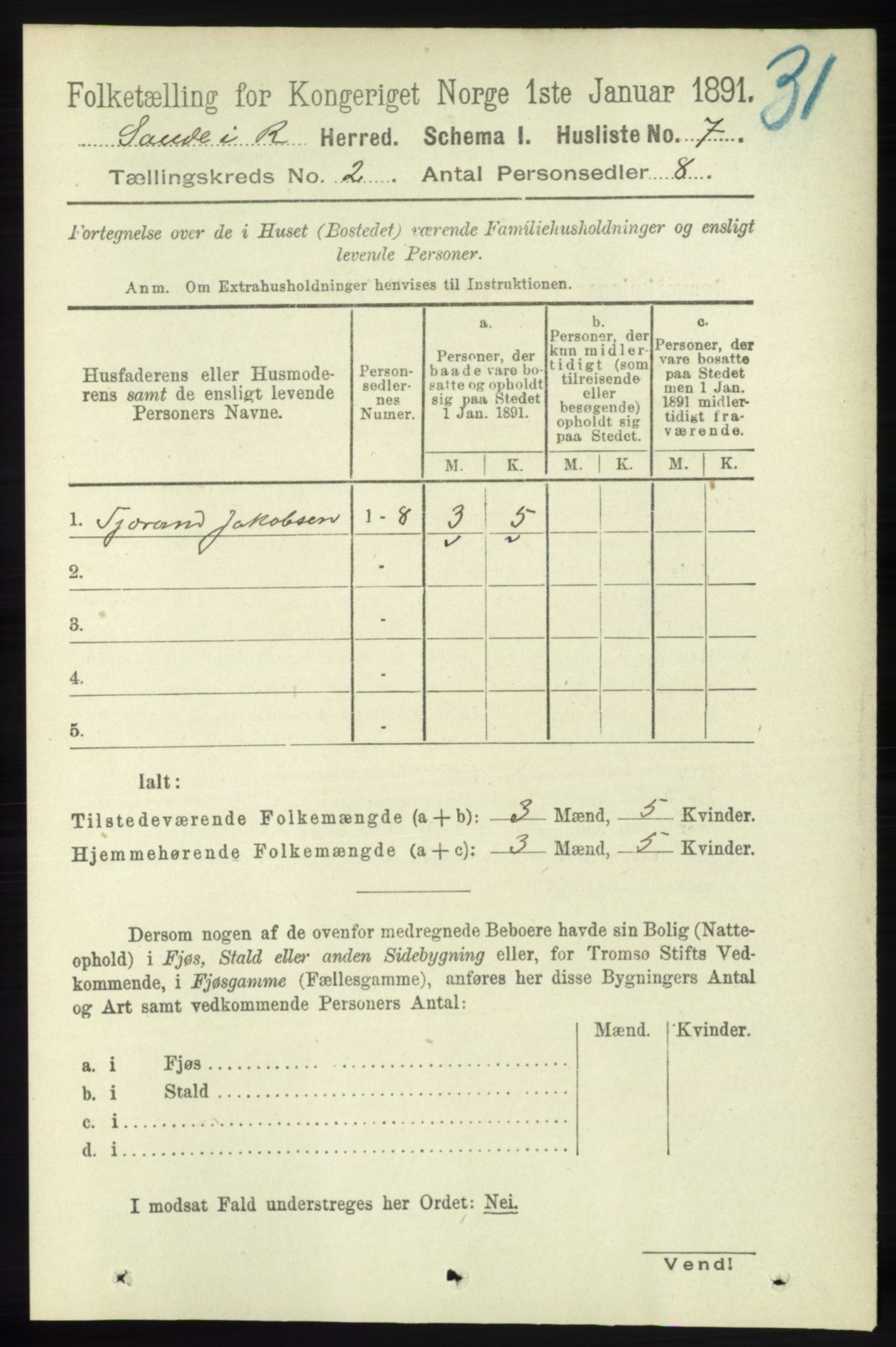 RA, 1891 census for 1135 Sauda, 1891, p. 530