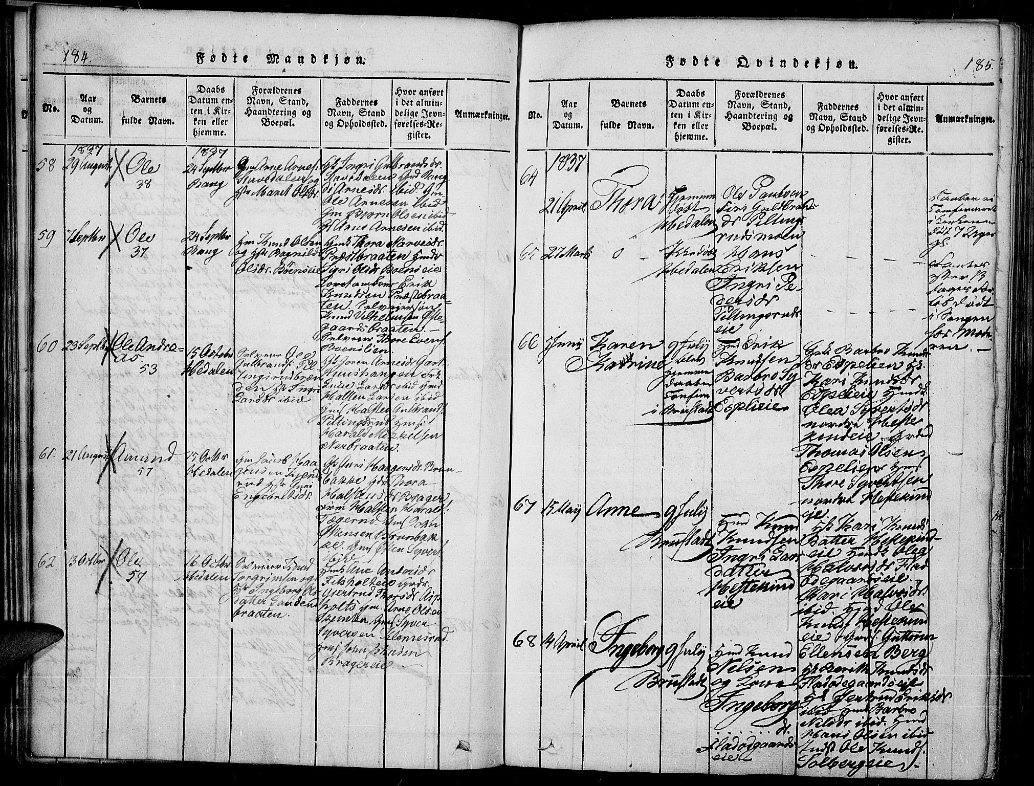 Sør-Aurdal prestekontor, AV/SAH-PREST-128/H/Ha/Haa/L0003: Parish register (official) no. 3, 1825-1840, p. 184-185