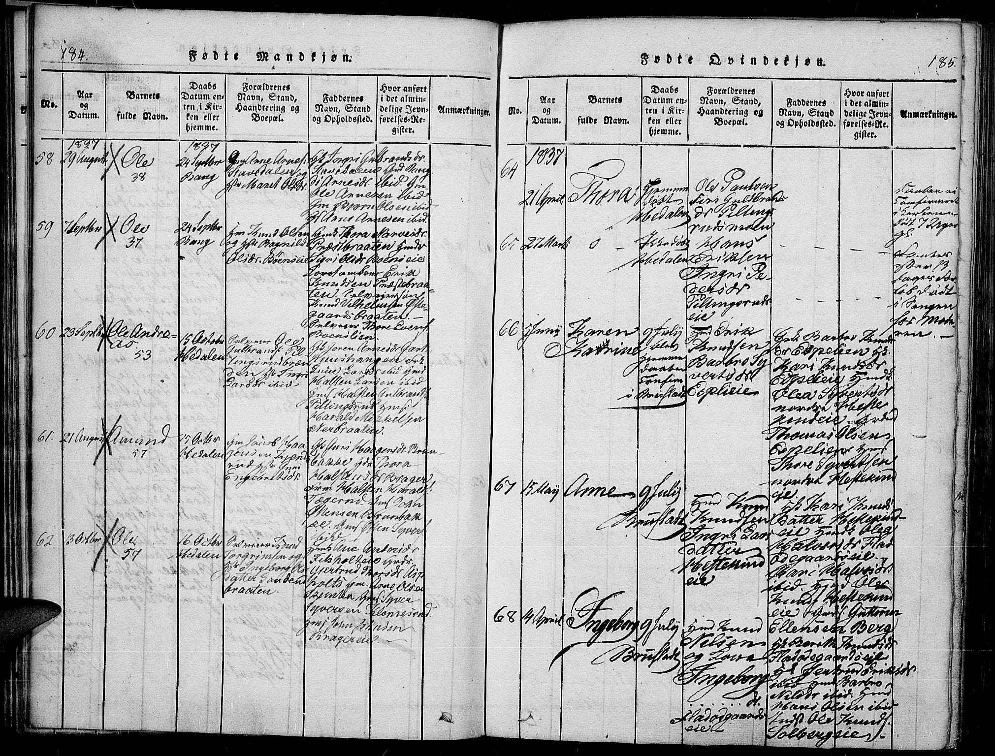 Sør-Aurdal prestekontor, SAH/PREST-128/H/Ha/Haa/L0003: Parish register (official) no. 3, 1825-1840, p. 184-185