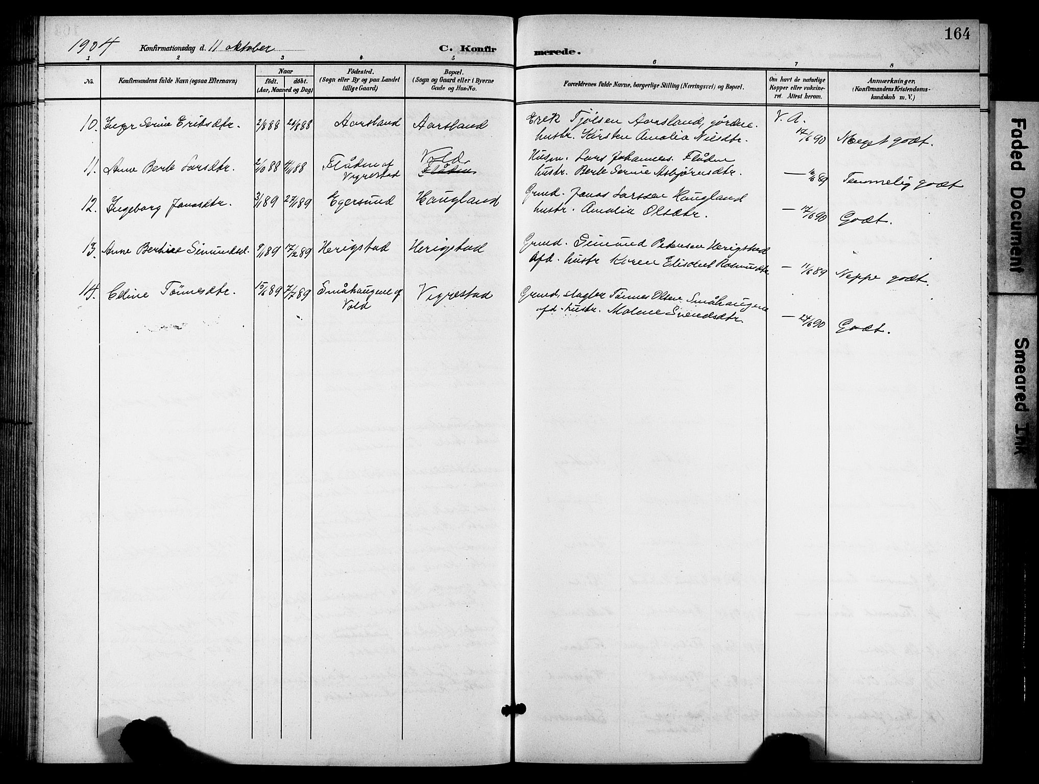 Hå sokneprestkontor, AV/SAST-A-101801/001/30BB/L0006: Parish register (copy) no. B 6, 1900-1924, p. 164