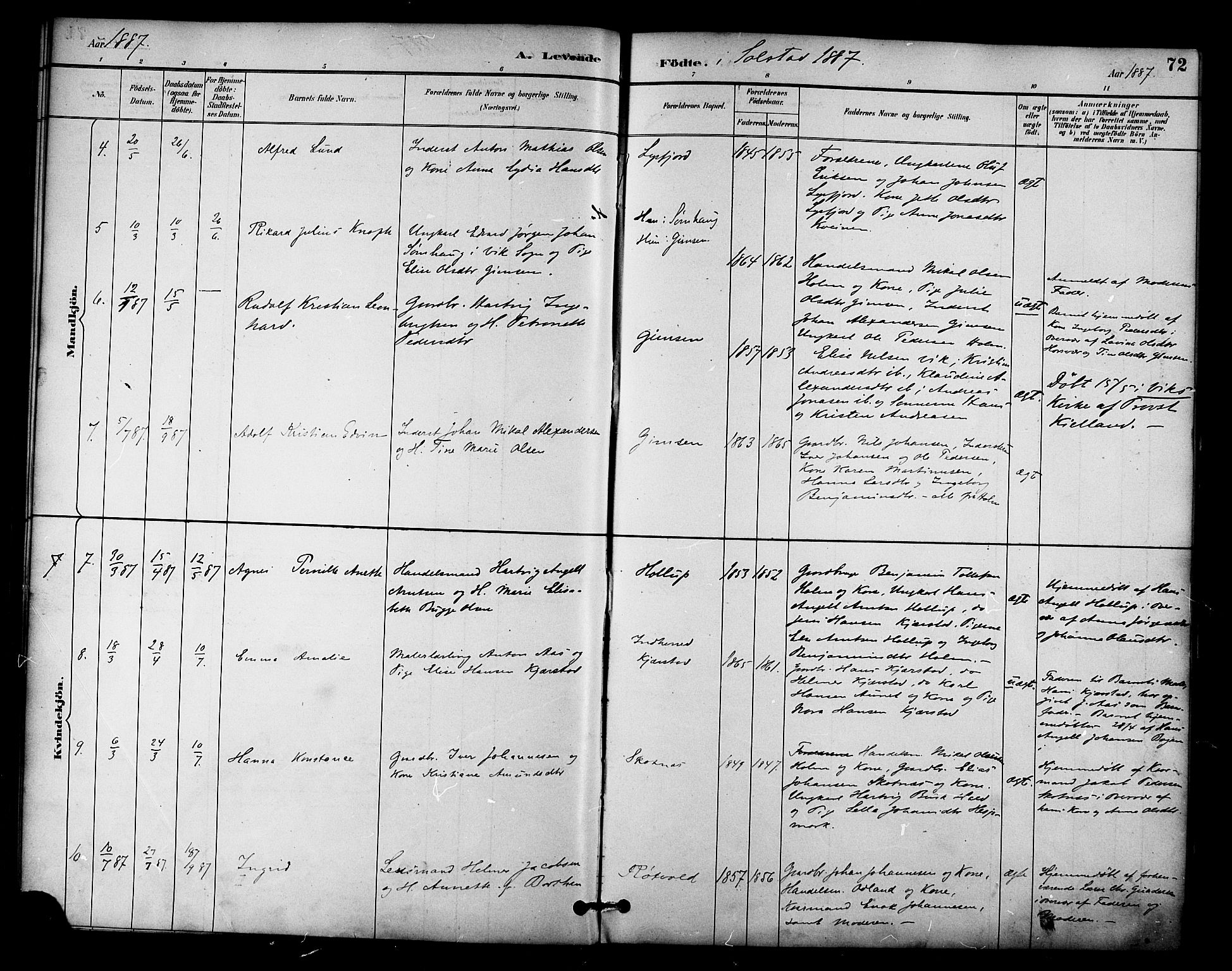 Ministerialprotokoller, klokkerbøker og fødselsregistre - Nordland, AV/SAT-A-1459/810/L0151: Parish register (official) no. 810A10 /2, 1885-1895, p. 72