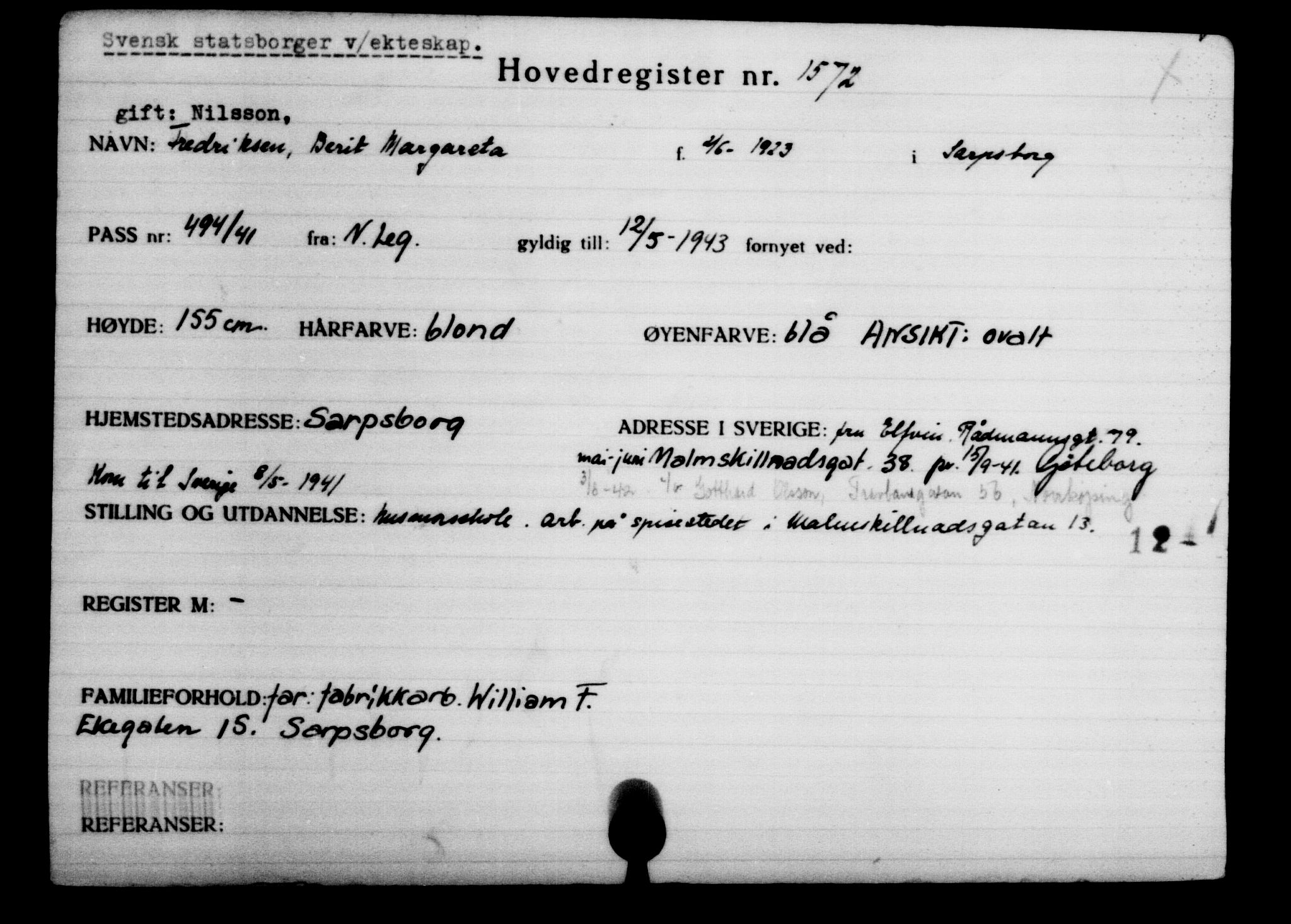 Den Kgl. Norske Legasjons Flyktningskontor, RA/S-6753/V/Va/L0002: Kjesäterkartoteket.  Flyktningenr. 1001-2000, 1940-1945, p. 816