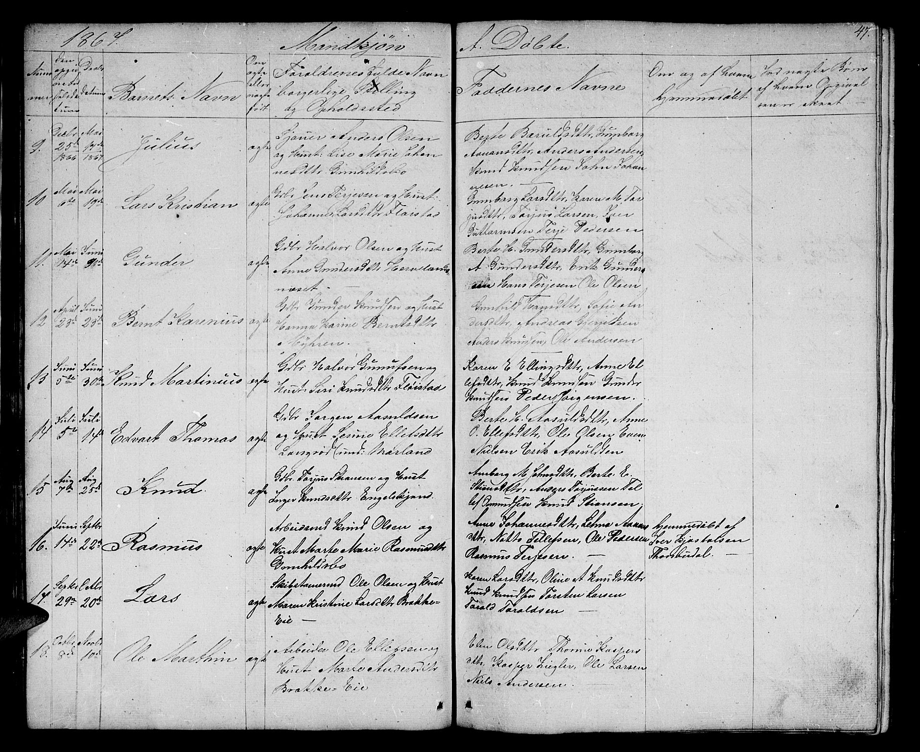 Austre Moland sokneprestkontor, SAK/1111-0001/F/Fb/Fba/L0001: Parish register (copy) no. B 1, 1842-1868, p. 47