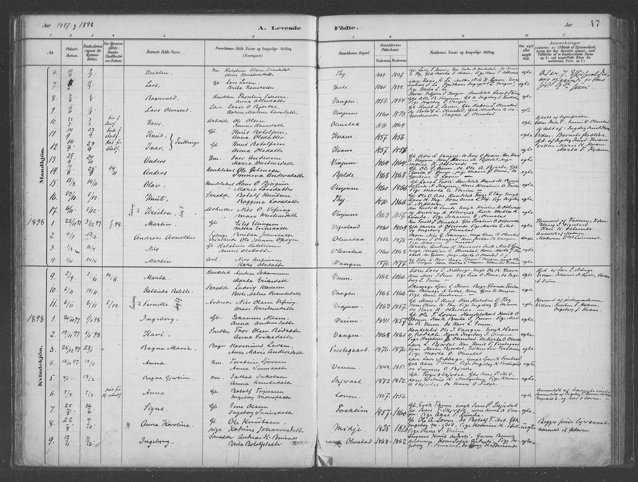Aurland sokneprestembete, SAB/A-99937/H/Ha/Hab/L0001: Parish register (official) no. B  1, 1880-1909, p. 47