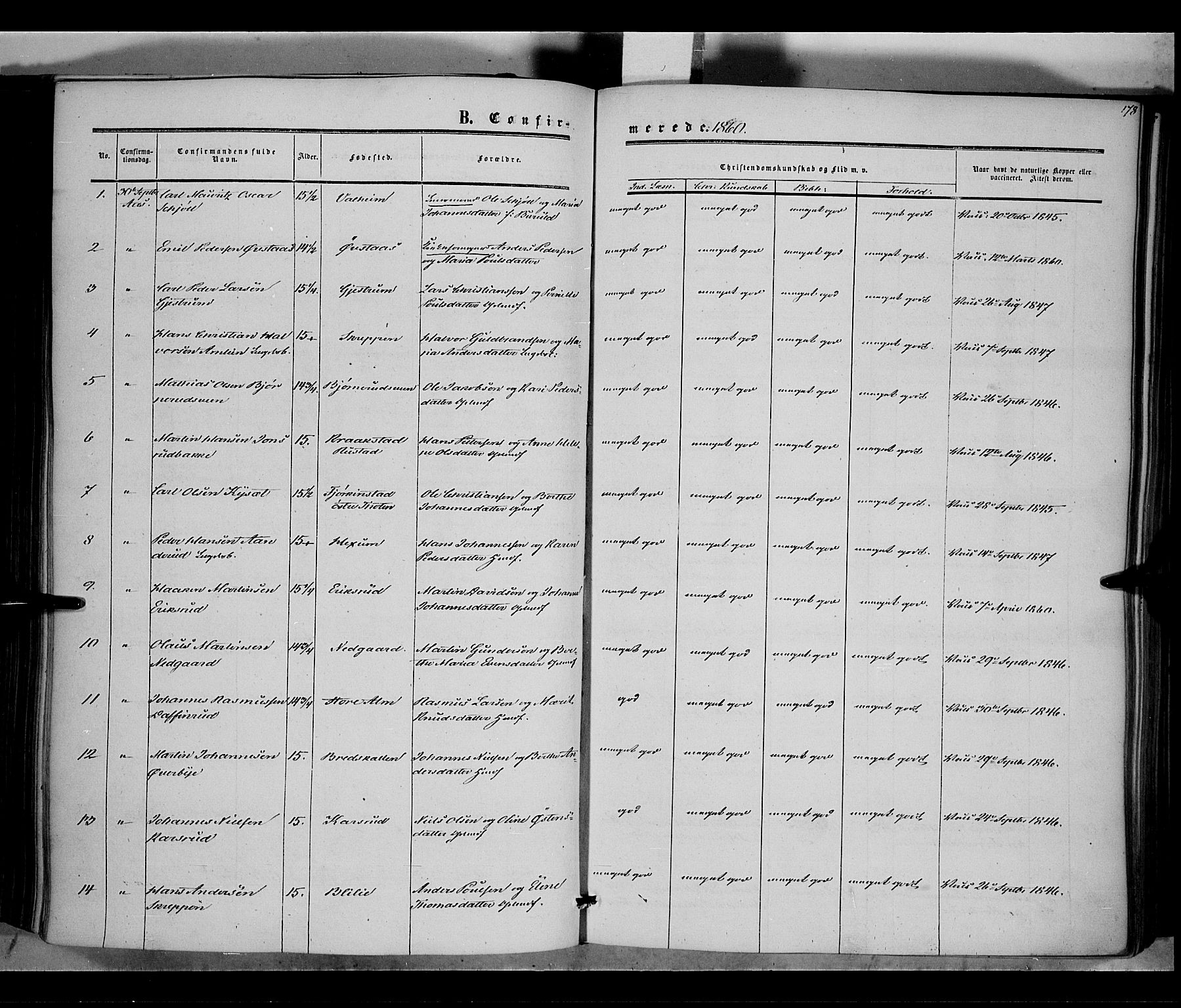 Vestre Toten prestekontor, SAH/PREST-108/H/Ha/Haa/L0006: Parish register (official) no. 6, 1856-1861, p. 178