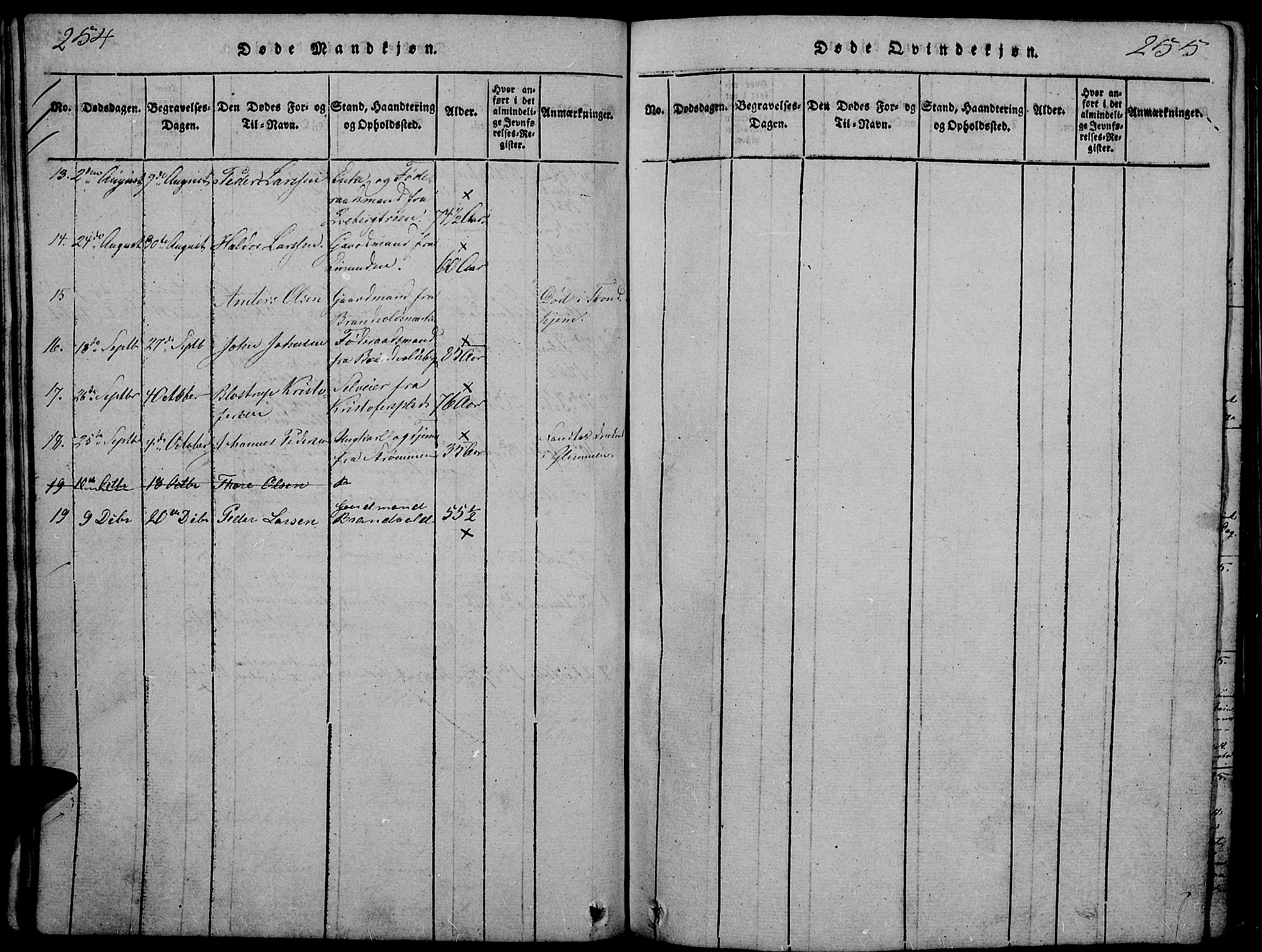 Tynset prestekontor, SAH/PREST-058/H/Ha/Hab/L0002: Parish register (copy) no. 2, 1814-1862, p. 254-255