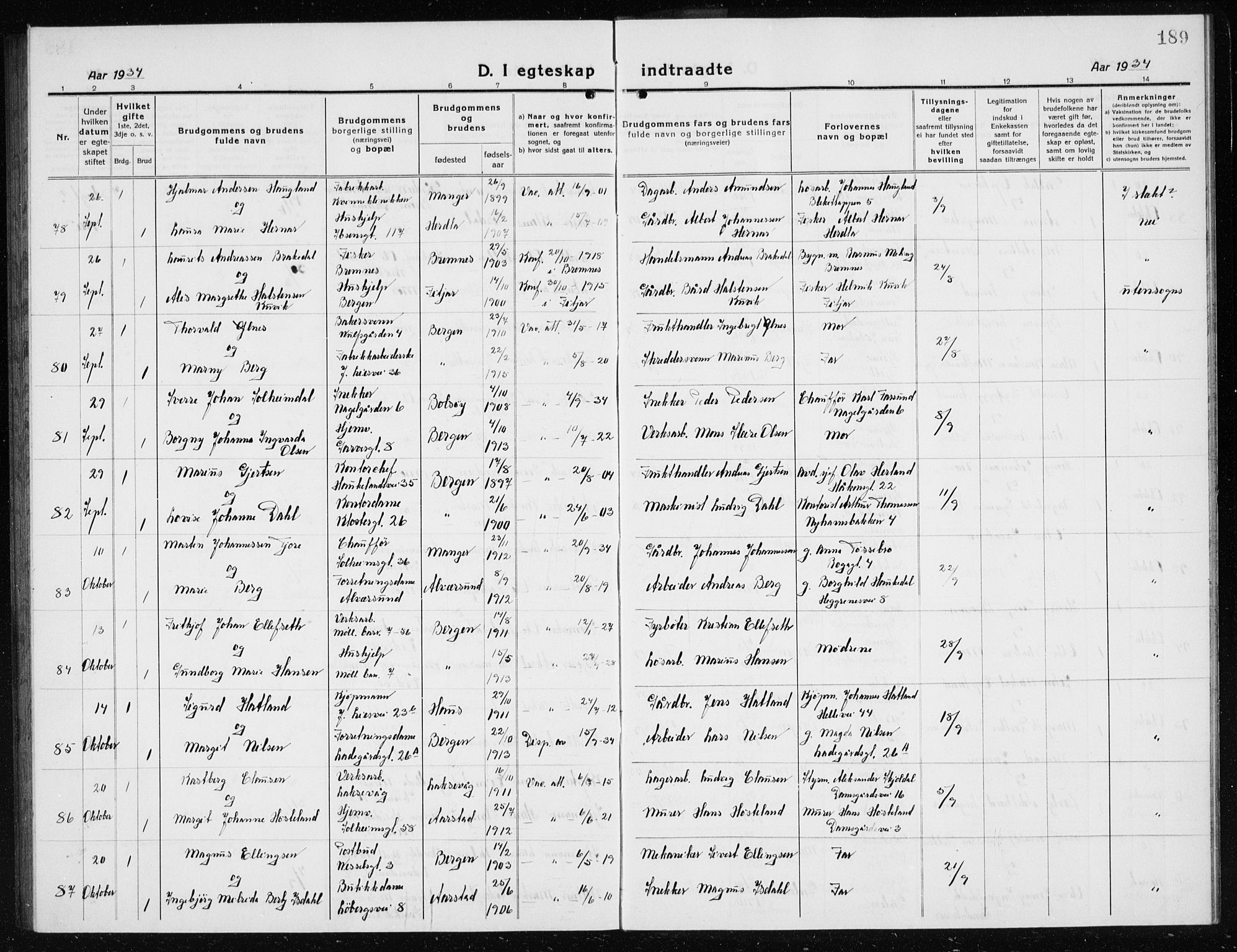 Årstad Sokneprestembete, AV/SAB-A-79301/H/Hab/L0020: Parish register (copy) no. C  2, 1920-1935, p. 189