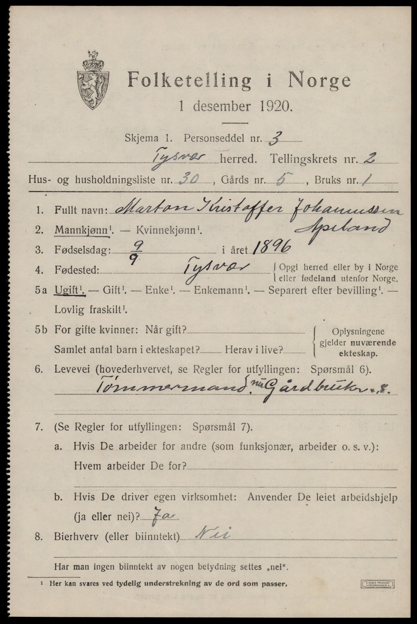 SAST, 1920 census for Tysvær, 1920, p. 1330