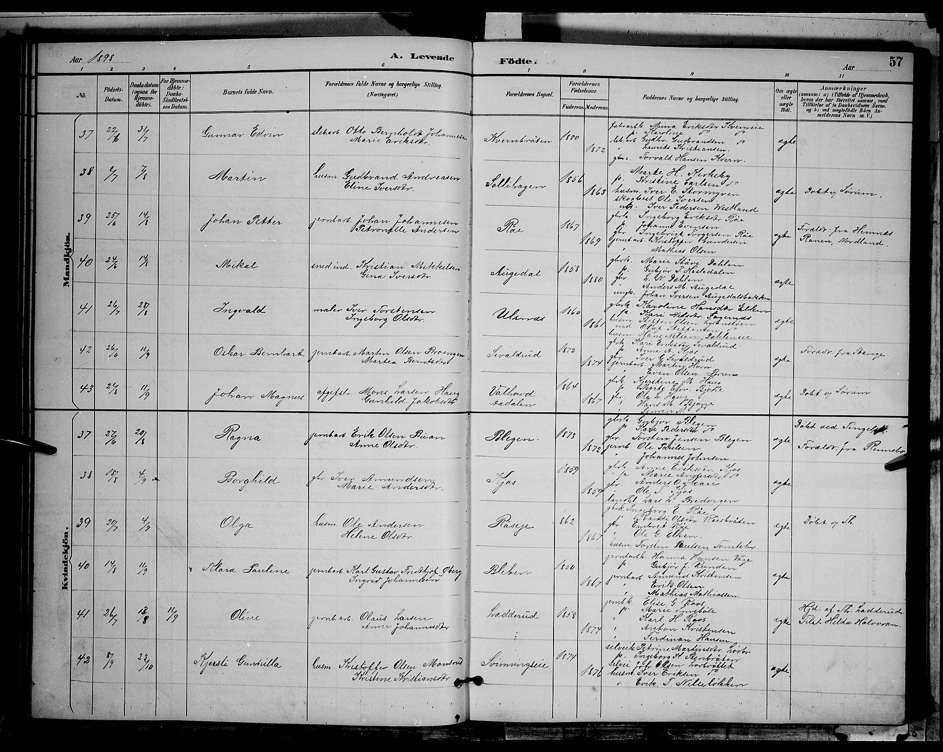 Gran prestekontor, SAH/PREST-112/H/Ha/Hab/L0004: Parish register (copy) no. 4, 1890-1899, p. 57