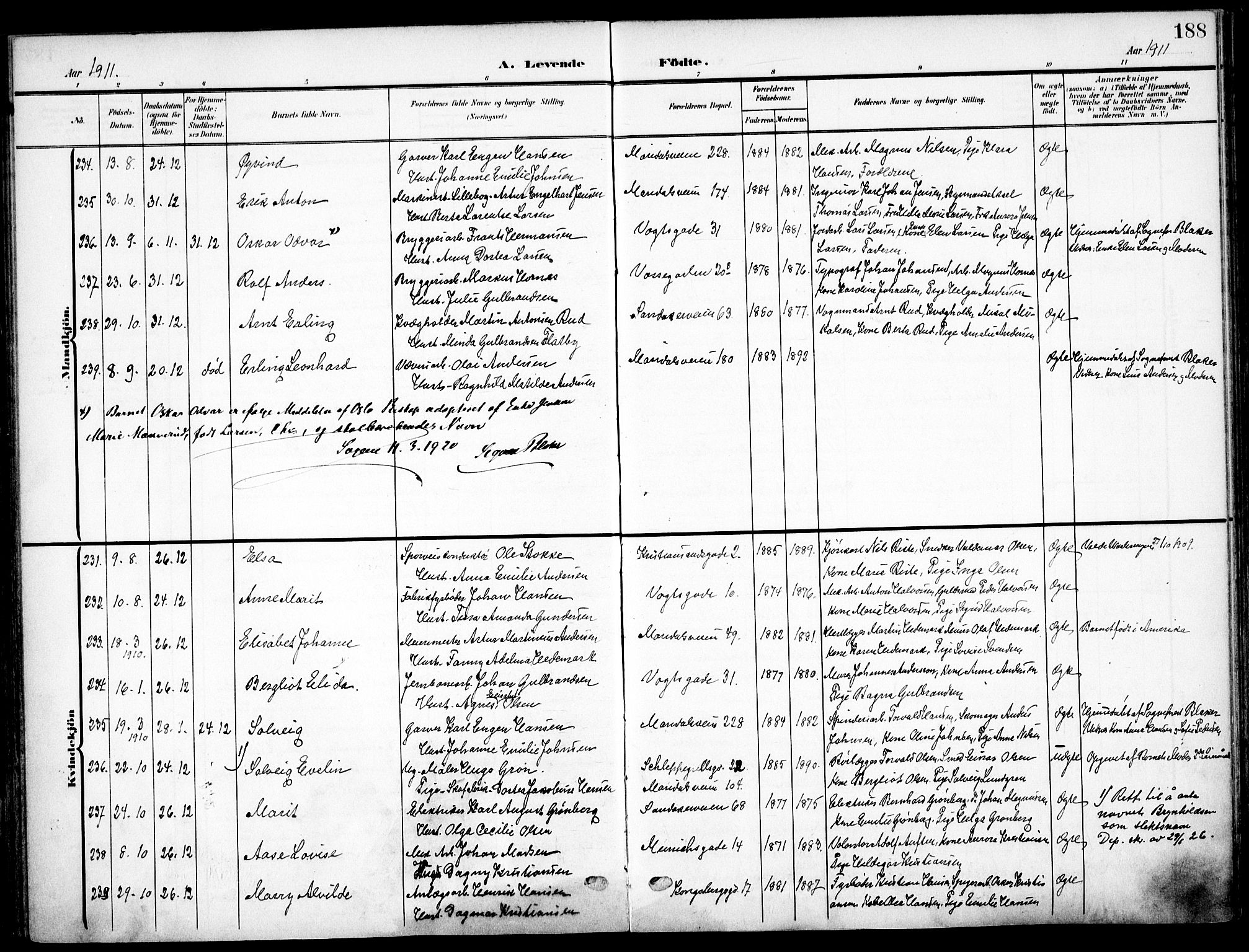 Sagene prestekontor Kirkebøker, AV/SAO-A-10796/F/L0007: Parish register (official) no. 7, 1905-1915, p. 188