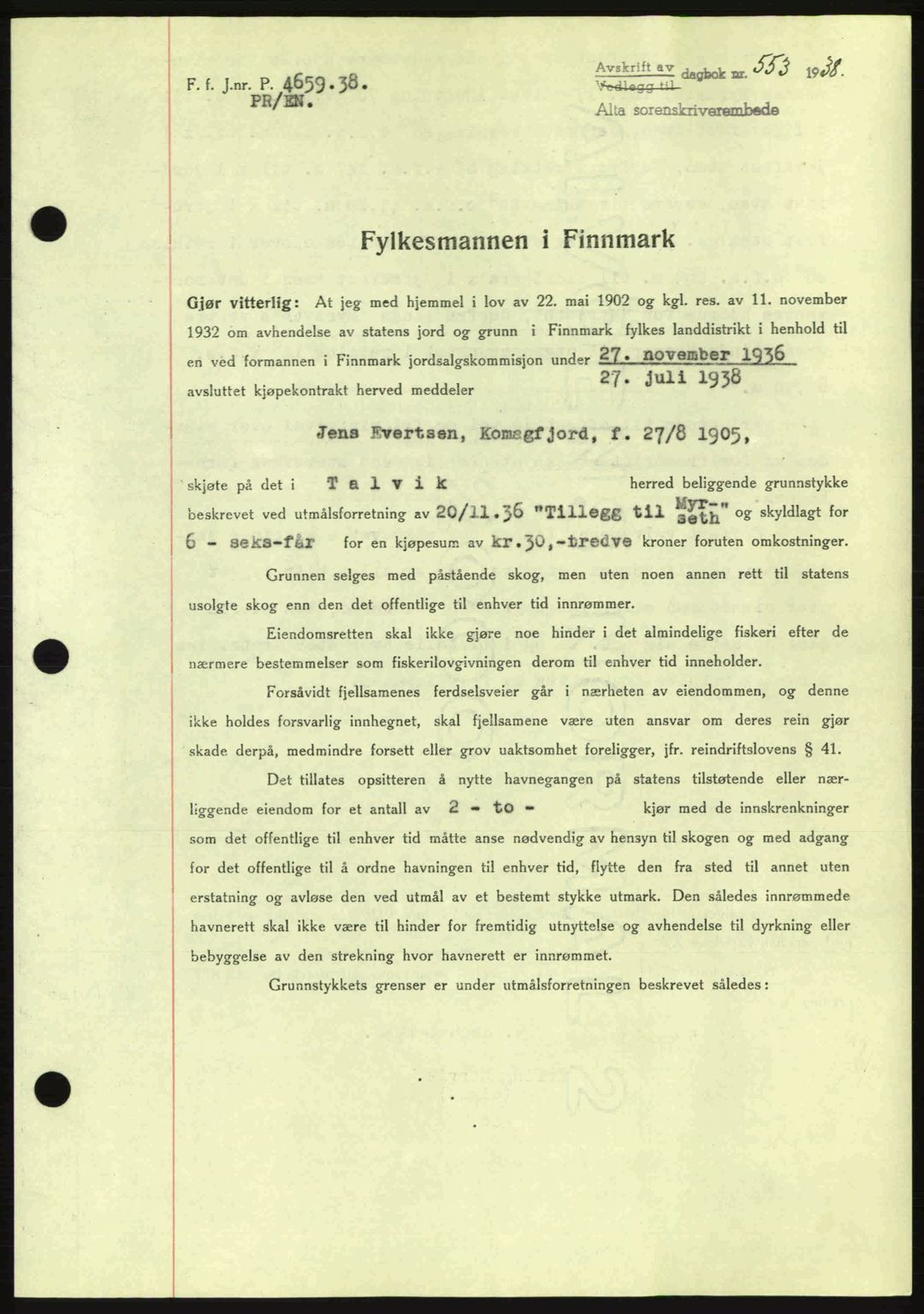 Alta fogderi/sorenskriveri, SATØ/SATØ-5/1/K/Kd/L0031pantebok: Mortgage book no. 31, 1938-1939, Diary no: : 553/1938