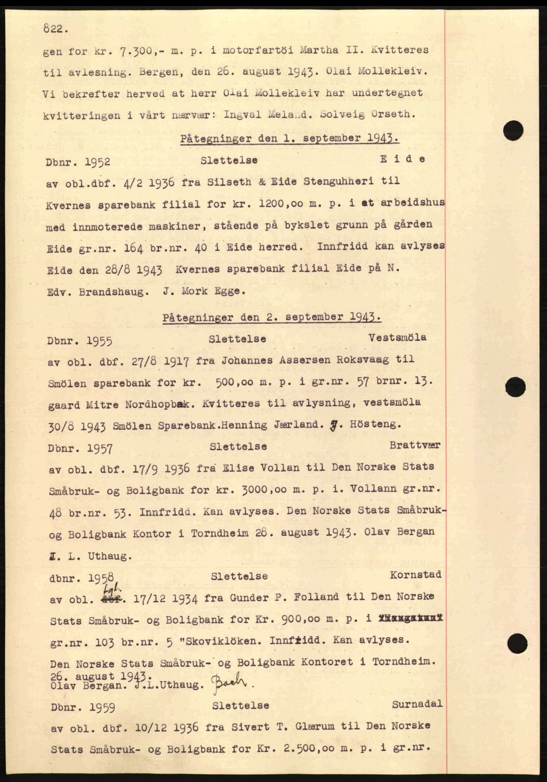 Nordmøre sorenskriveri, AV/SAT-A-4132/1/2/2Ca: Mortgage book no. C81, 1940-1945, Diary no: : 1952/1943