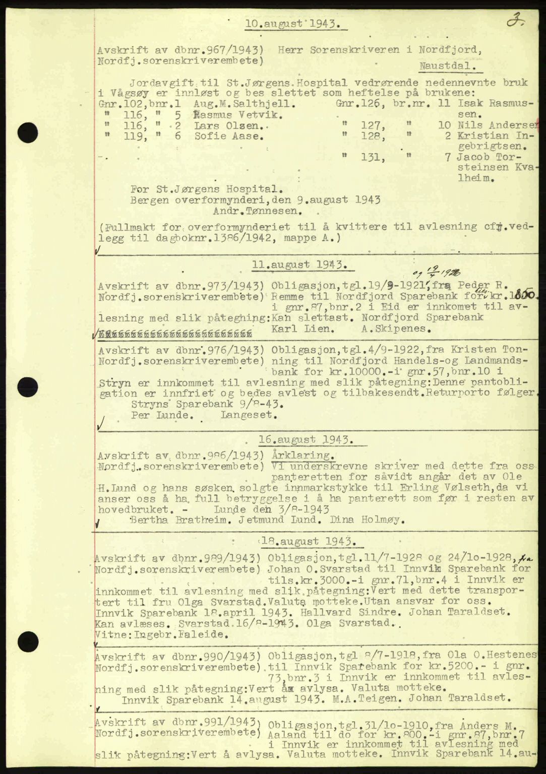 Nordfjord sorenskriveri, AV/SAB-A-2801/02/02b/02bk/L0004: Mortgage book no. B7, 1943-1945, Diary no: : 967/1943